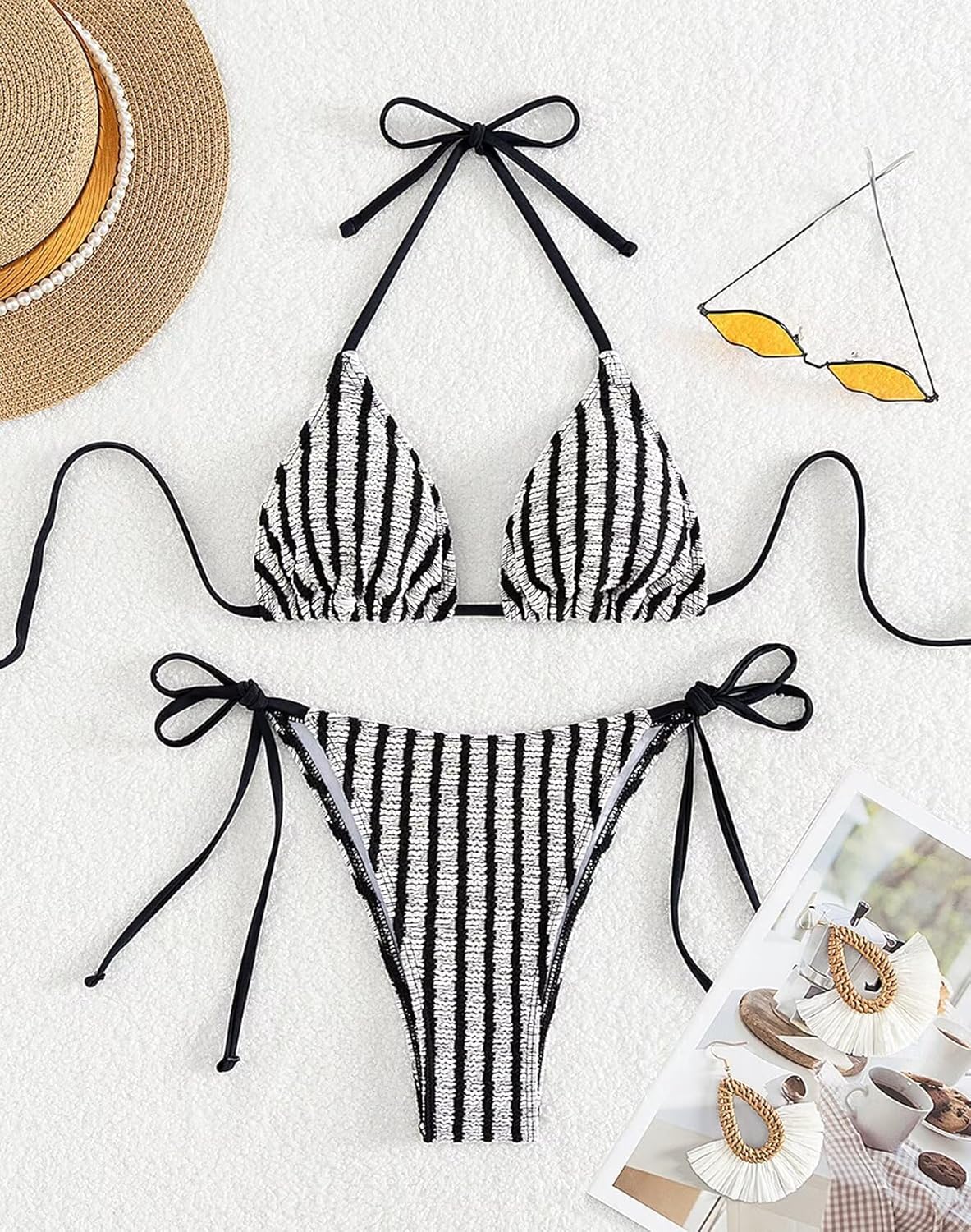 Women's Striped Halter Bathing Suit High Waisted Triangle Colorblock Swimsuit Bikini Set - Image 5