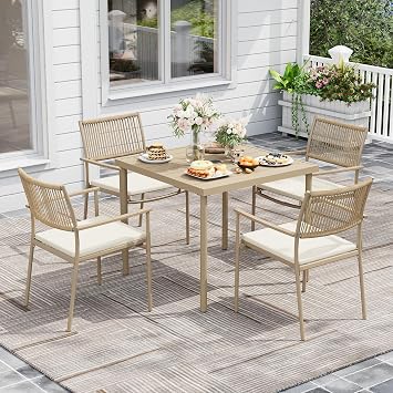 Outdoor Dining Set for 4, Rectangle Table with Umbrella Hole, Rattan Chairs | Outdoor Dining Set with Soft Cushion,Patio Dining Set, Conversation Set for Backyard, Garden & Poolside, Black