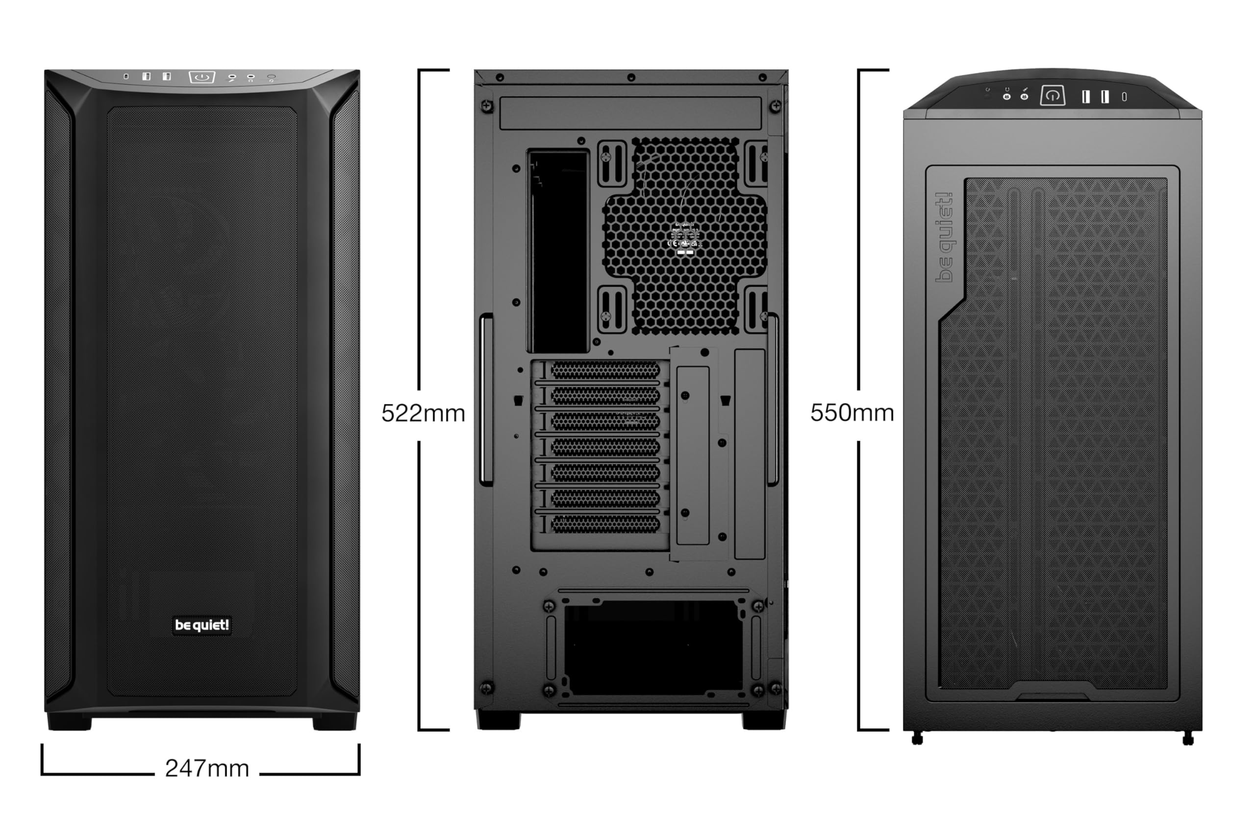 be quiet! Shadow Base 800 Obudowa PC, wentylatory Pure Wings 3 140 mm PWM, USB 3.2 Gen. 2 Type-C, maksymalny przepływ powietrza, konstrukcja Open Mesh, płyta główna E-ATX, radiatory 420 mm