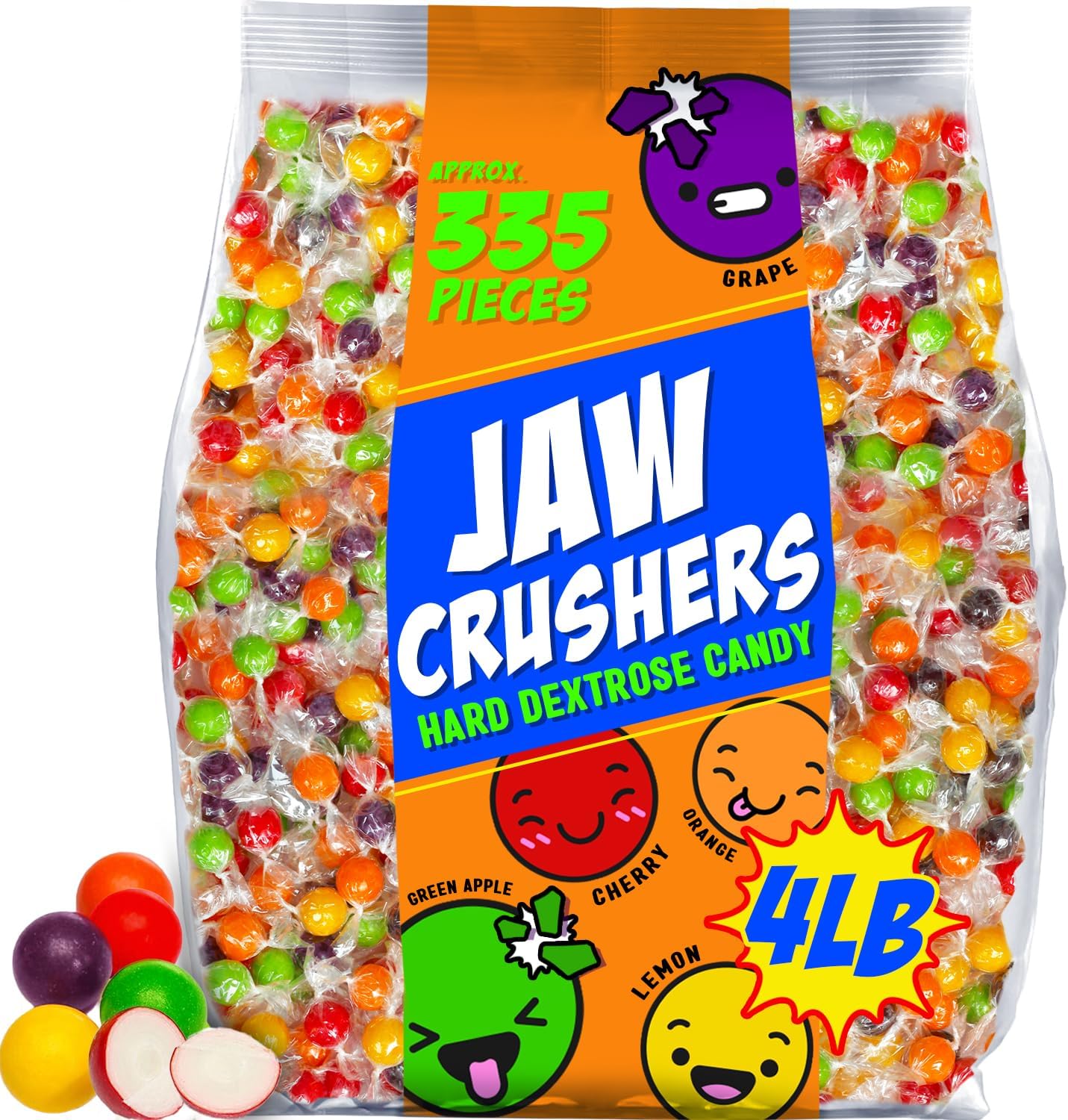 Fruit Hard Candy Bulk - 4 Pounds - Pressed Dextrose Candy Center- Jaw Crushers Hard Candy Breakers - Assorted Fruit Flavors Cherry, Orange, Lemon, Apple, Grape