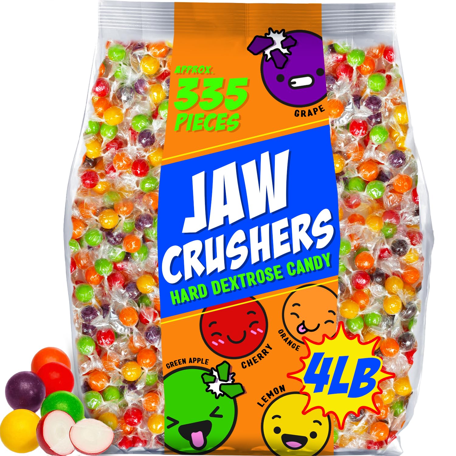 Fruit Hard Candy Bulk - 4 Pounds - Pressed Dextrose Candy Center- Jaw Crushers Hard Candy Breakers - Assorted Fruit Flavors Cherry, Orange, Lemon, Apple, Grape