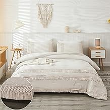Boho Tassel Comforter Set Queen Beige Grey Tassel Comforter Bedding Set Triple Knotted Tassel Fringe Soft Microfiber Farmhouse Bedding Set 3 Pieces 1 Comforter 2 Pillowcases (Beige-03, Queen)