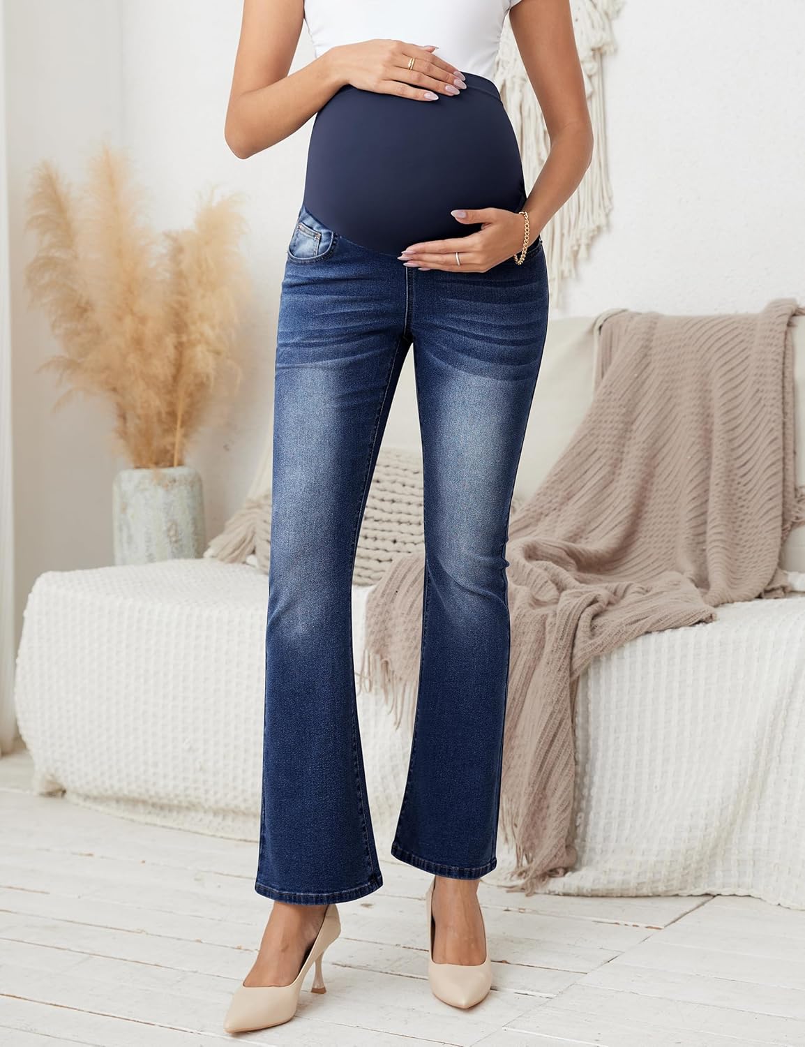 Maternity Jeans Over The Belly Slim Stretch Flare Maternity Pants Casual Belly Bell Bottoms Maternity Work Pants - Image 2