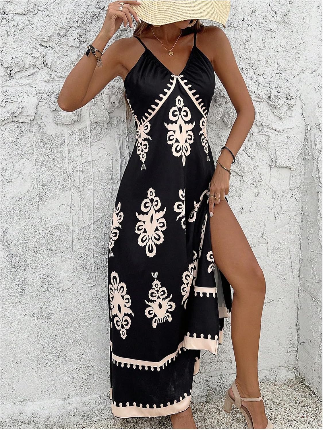 Floerns Women's Boho Print V Neck Split Cami Dress Sleeveless Vacation A Line Maxi Dresses - Image 5