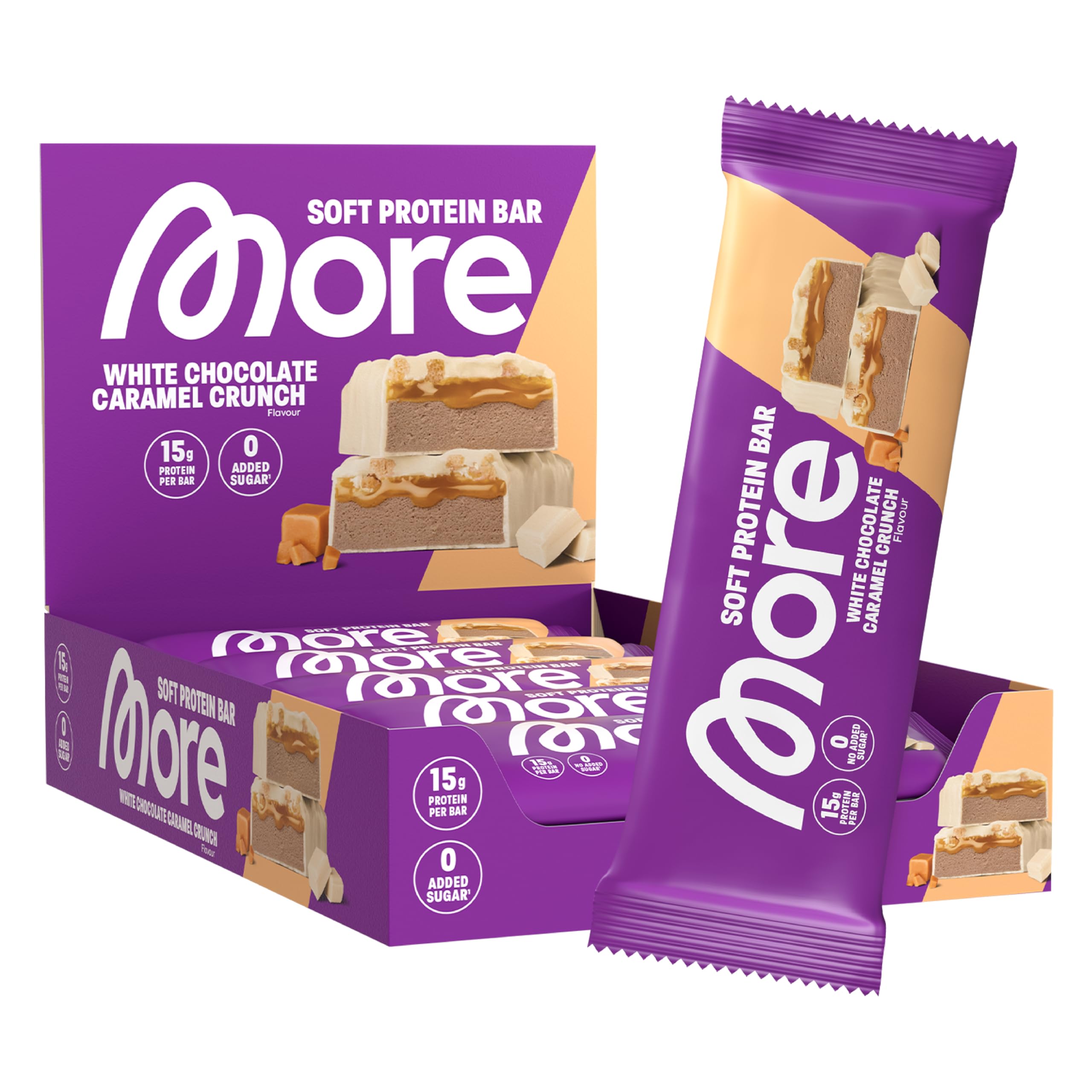 MORE Protein Bar, 10er Box, 10 x 50 g, White Chocolate Caramel Crunch, Protein Riegel ohne Zuckerzusatz (Design kann variieren)