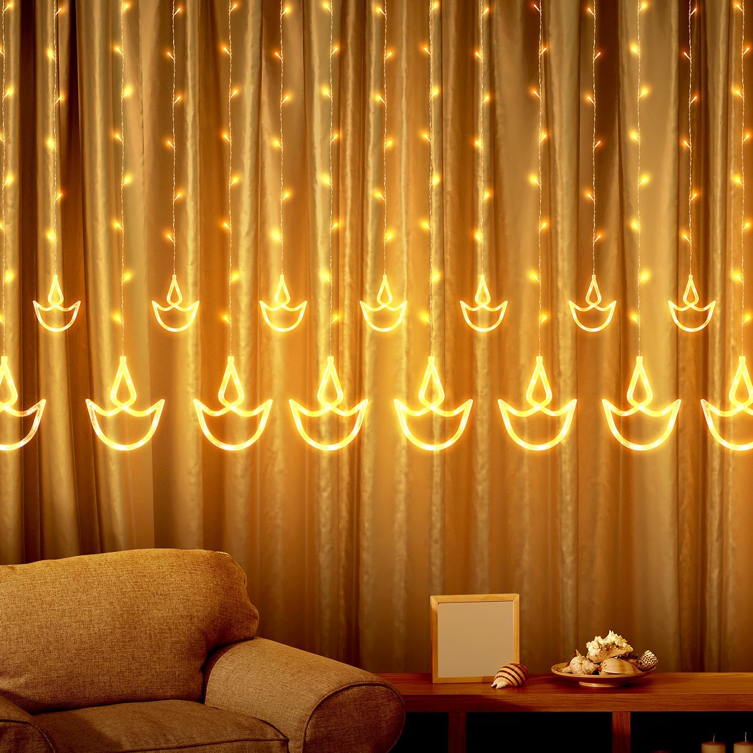wipro Garnet 3 Meter 12 Diyas Curtain Led Festive Lights, Indoor Window String Lights, Decoration for Wedding, New Year &Home,6 Large &6 Small Diyas,Warm White, 108 LEDs, Pack of 1