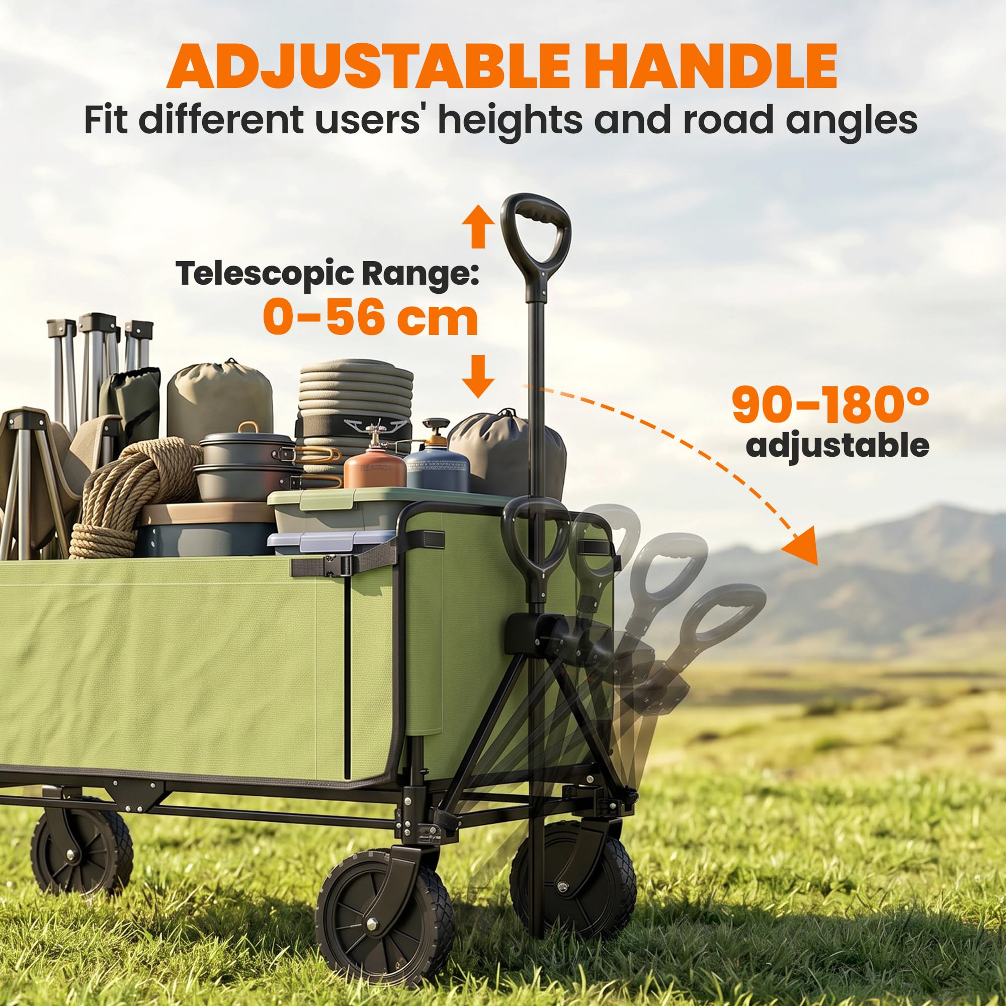 Outsunny Chariot de Transport Pliable 190L 120kg, Chariot de Jardin 4 Roues Dont 2 Roues Universelles, Poignée Télescopique Rotative et Ajustable 90°-180°, pour Plage, Camping, Jardin, Cour, Noir