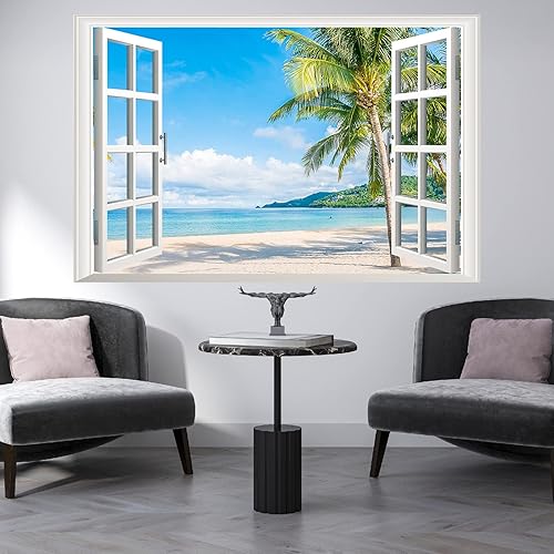 Miniatura 5 de Calcomanías de pared para ventana de palmera de playa calcomanías de pared de hojas de palmera de paisaje marino póster de ventana de imitación