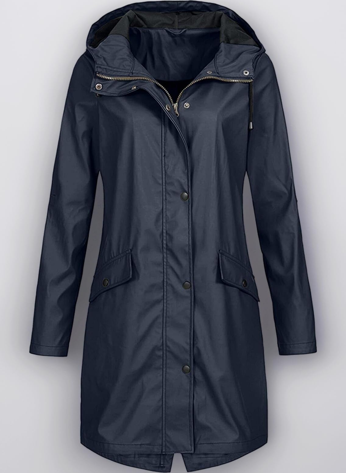 Womens Raincoats Waterproof with Hood Plus Size Solid Long Coat Loose Drawstring Full-Zip Hooded Raincoat with Pockets Windproof Sun Protection Outerwear Fashion Outdoor Clothing