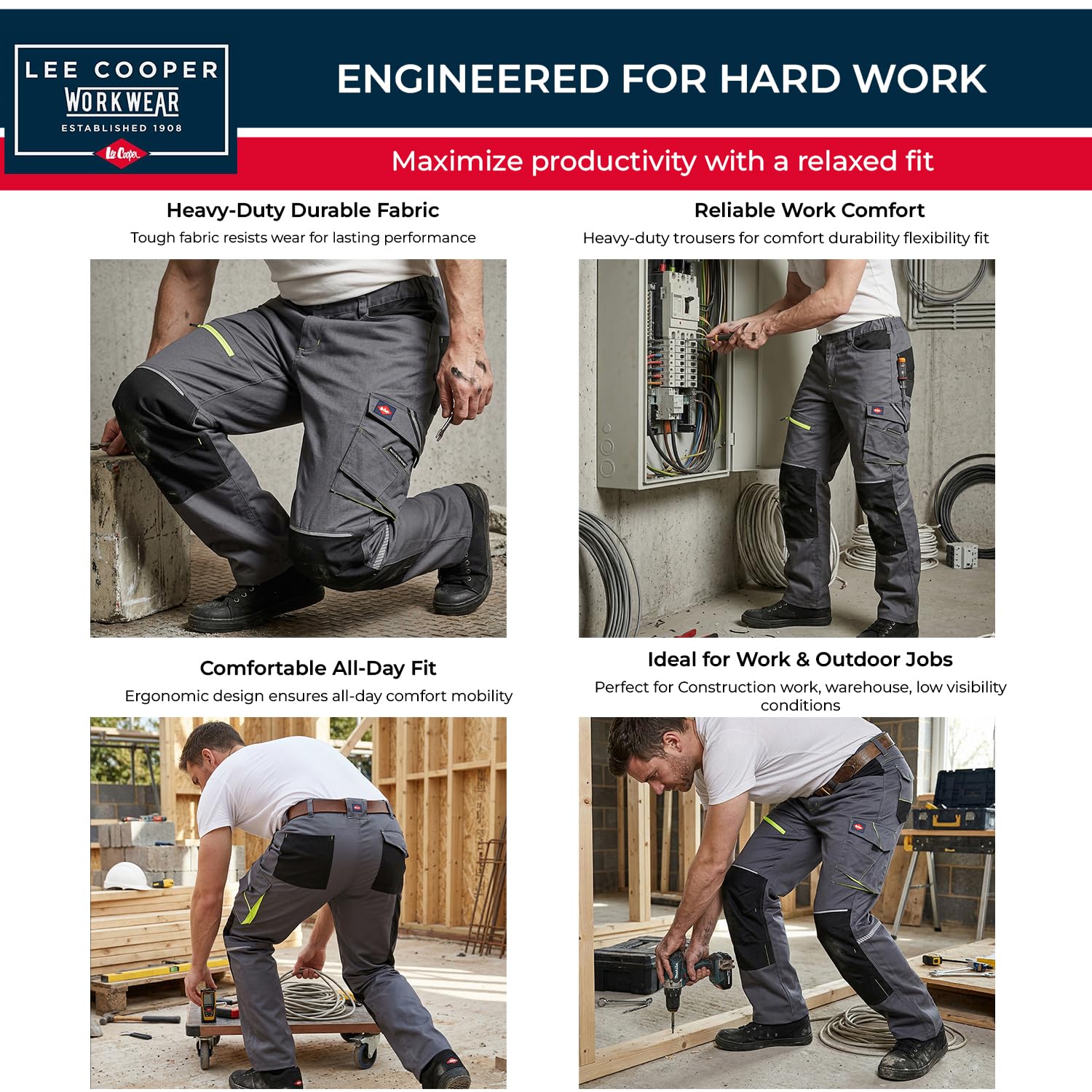 Lee Cooper LCPNT246 Męskie spodnie robocze cargo stretch z kieszeniami na nakolanniki, elementy Hi-Vis, kieszenie narzędziowe