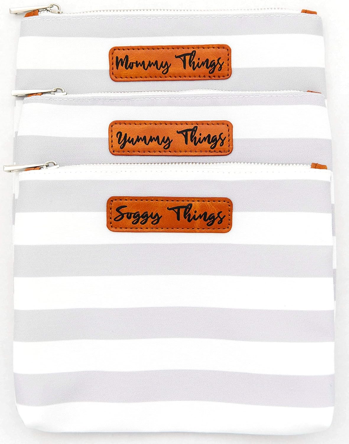 Stylish Diaper Bag Organizing Pouches - XL Set of 4 Gray and White Striped Canvas Diaper Bag Pouches with Leather Embossed Labels, Leather Wristlet Strap & Durable Metal Zippers - Image 5
