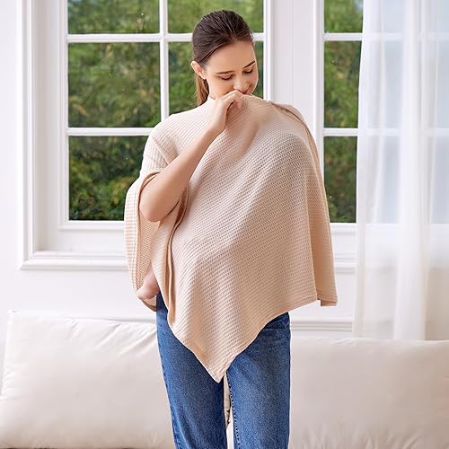 Miniatura 3 de Funda de lactancia de punto para lactancia materna, transpirable y suave, cuello ancho con elástico para una fácil visión (crema)