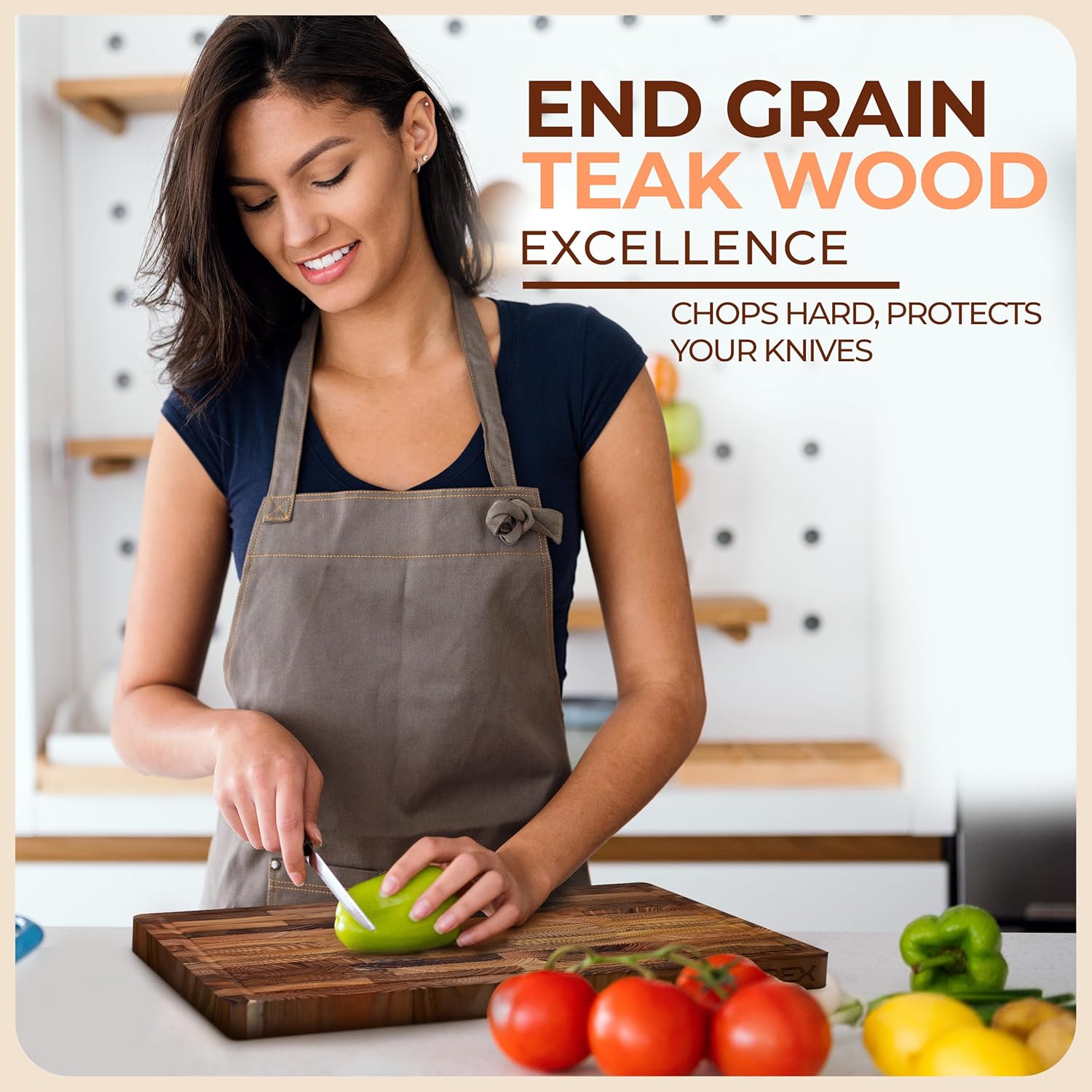 End Grain Teak Wood Cutting Board – 13.1x17.1x1.5 in, Premium Butcher Block with Deep Juice Groove, Non-Slip Feet & Side Handles – Heavy-Duty Wooden Chopping Board for Meat, Veggies & More