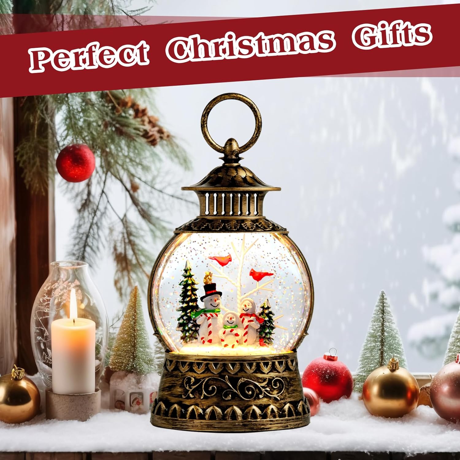 Christmas Snowman Snow Globe, Cardinal Musical Snow Globe Lantern Lights with 6H Timer Battery & USB Powered, Retro Style Holiday Glitter Globe for Xmas Home Decoration Holiday Party Gifts - Image 7