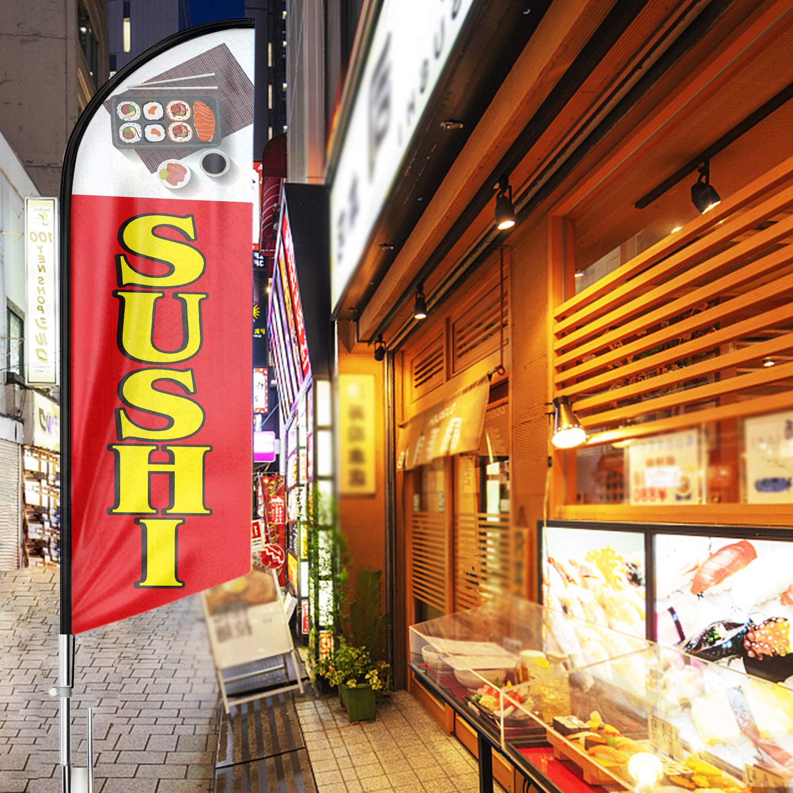 FSFLAG Flaga sushi Swooper, flagi z piórami 11 stóp do baru sushi z zestawem słupków i kolcem do ziemi, duży znak reklamowy do japońskiej restauracji