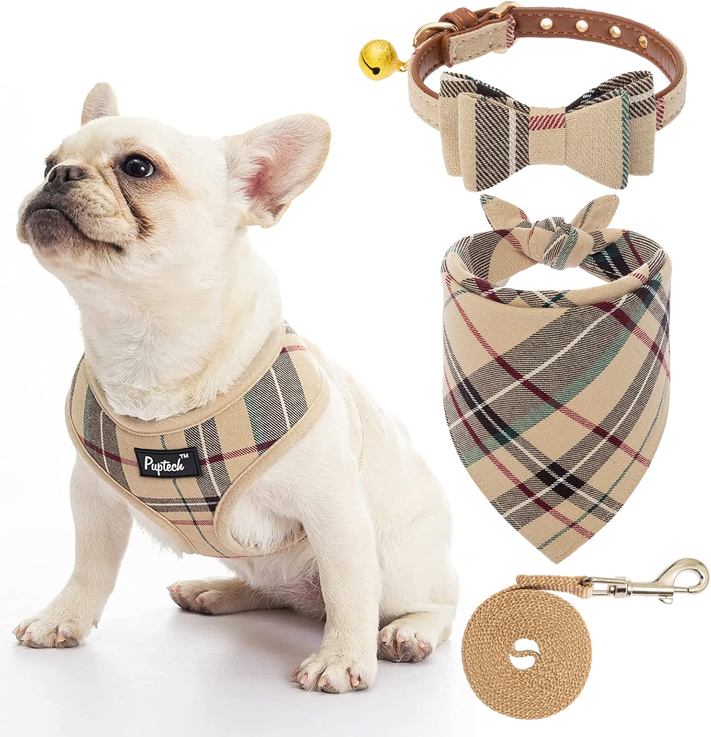 PUPTECK Soft Mesh Dog Harness with Bow Tie Dog Collar with Bell Set - Pet Puppy Comfort Padded Vest No Pull Harnesses, Classic Plaid Bandana Triangle Bibs Scarf Accessories