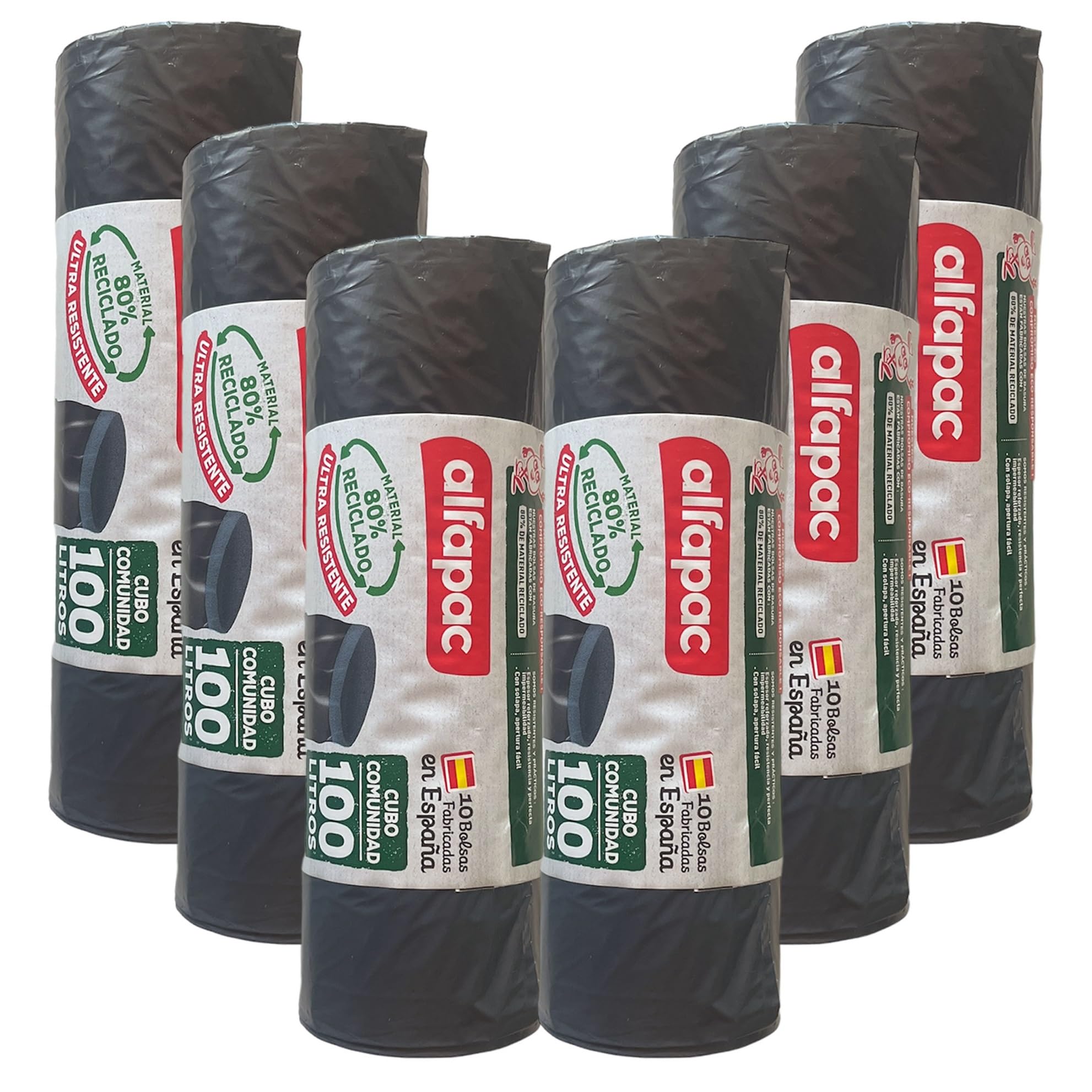 80% recycelt, 6 Rollen mit 10 Müllbeuteln (60 Beutel) 'Cubo Comunity' 84 x 105 cm, 100 l