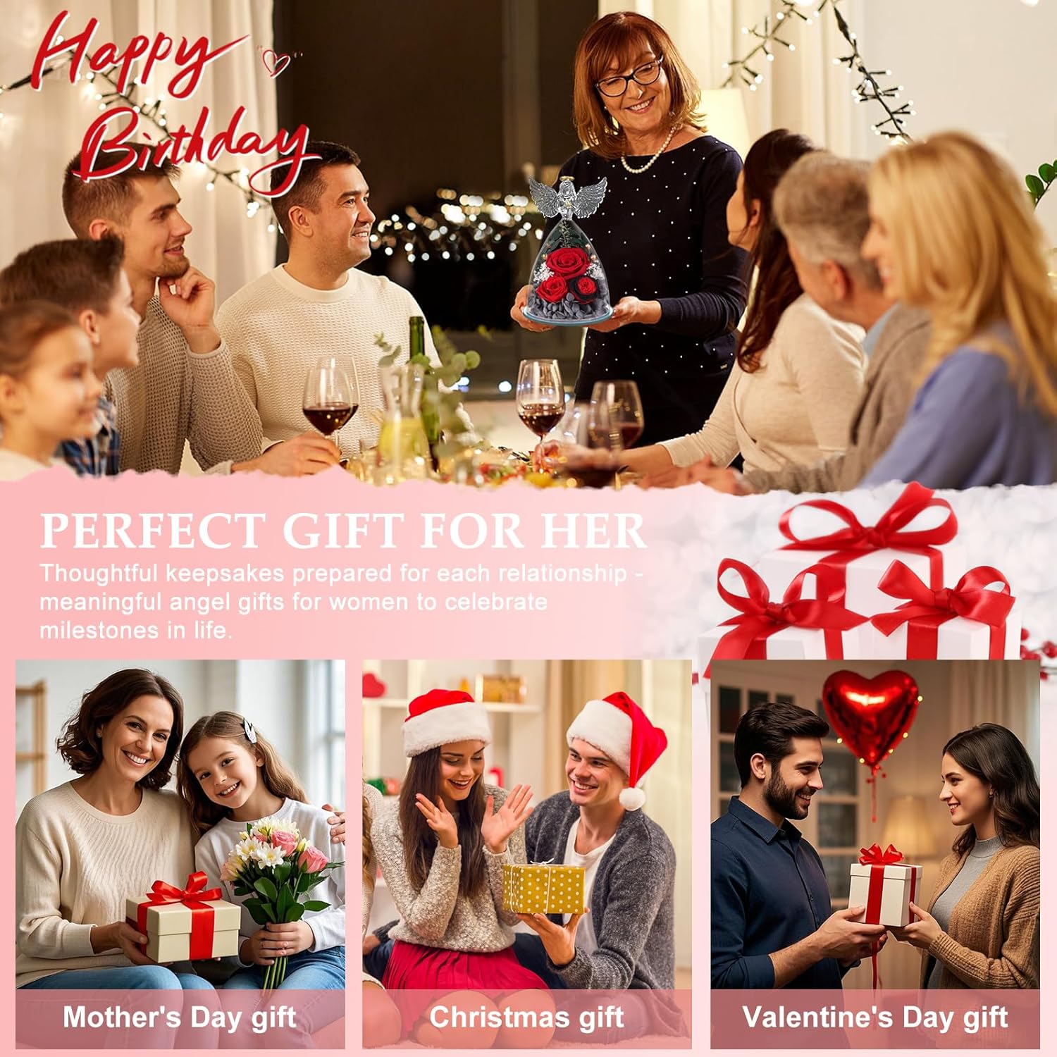 FIACO Gifts for Women Preserved Rose Forever Flower in Glass Angel Figurine Fresh Flowers for Delivery Mothers Day Birthday Gifts for Mom Grandma Wife Sister Red - Image 6