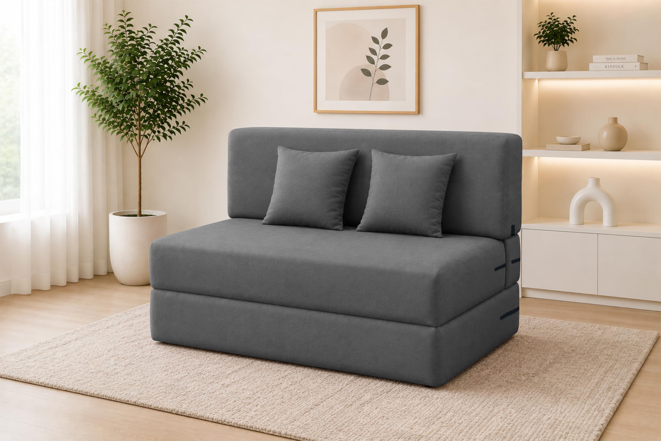 Los Angeles Foldable Two Seater Sofa Cum Bed, Sofa Bed 4 X 6 Ft, Jute Fabric Washable Cover Including Two Cushion Perfect for Living Room & Office Guest Room - Grey Color