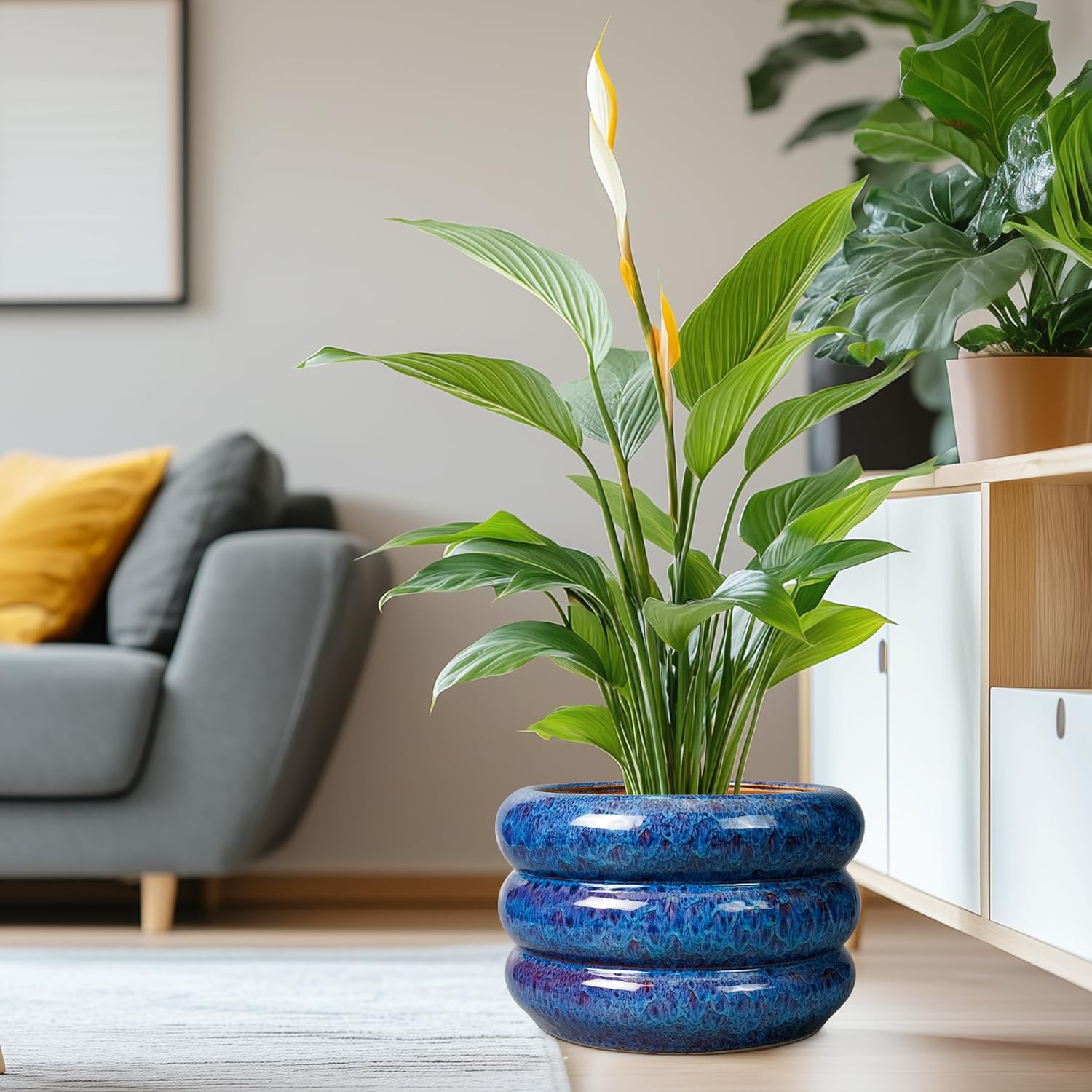 SQOWL Ceramic Pot for Plants 13.5 Inch - Outdoor Planter Large Plant Pot Indoor with Drainage Hole Round Flower Pot Mid-Century Planter for Patio Outdoor Decor Blue