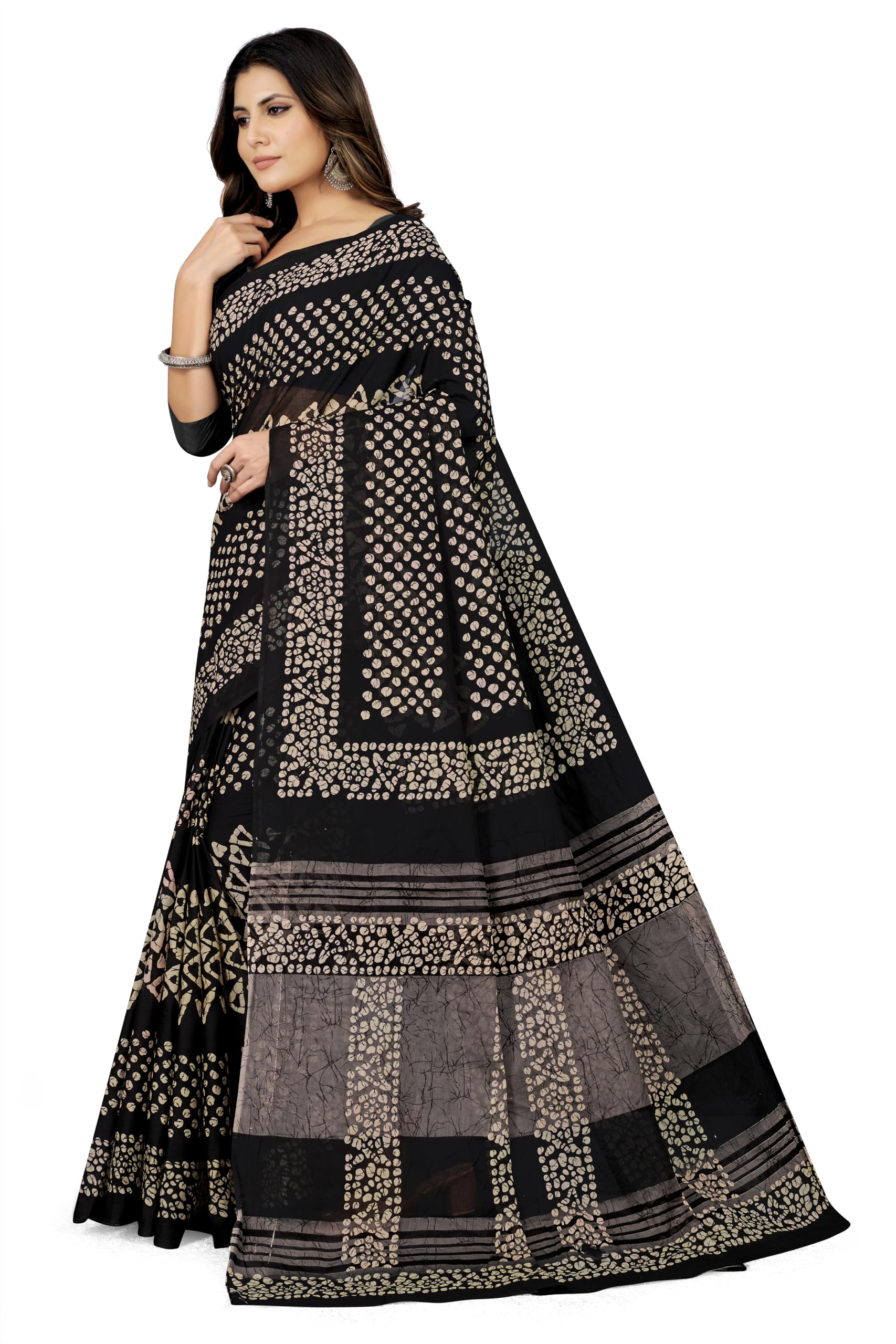 Tamaira Fashion Women's Batik Printed Pure Cotton Saree Without Blouse Piece(2456_Black)