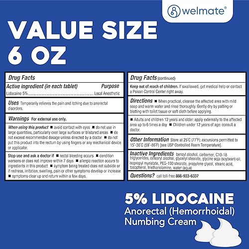 Vista 5 de WELMATE - Crema adormecedora de lidocaína al 5%, 6oz (170g) - Crema de lidocaína de máxima potencia - Alivio de hemorroides - Anestésico de uso