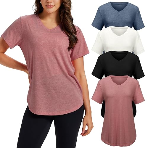 4 Pack V Neck T Shirts for Women Short Sleeve