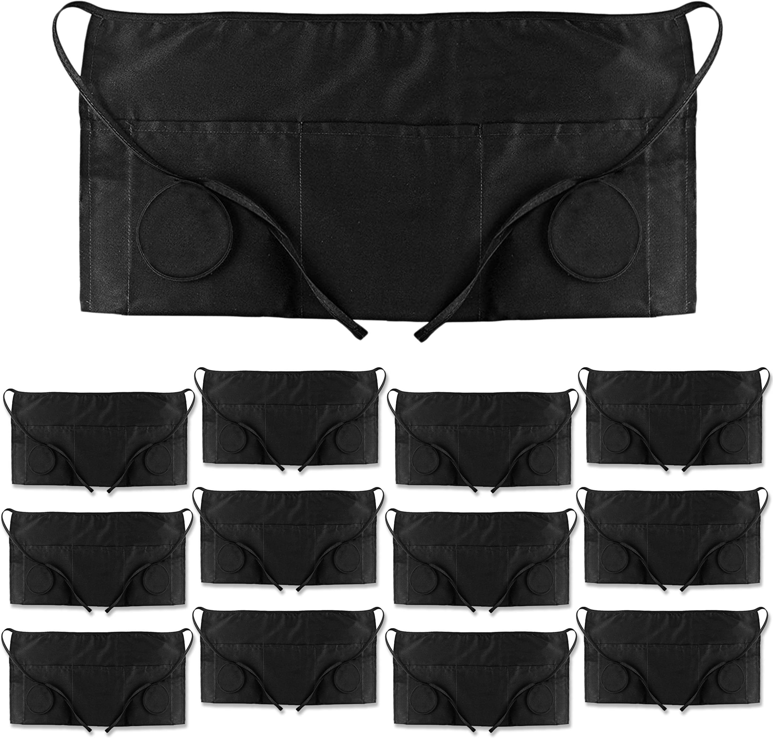 PERLLI Waitress Apron 3 Pocket Waist Apron, Black Waitress and Server Aprons with Pockets for Waiter Women and Men (12 Pack)