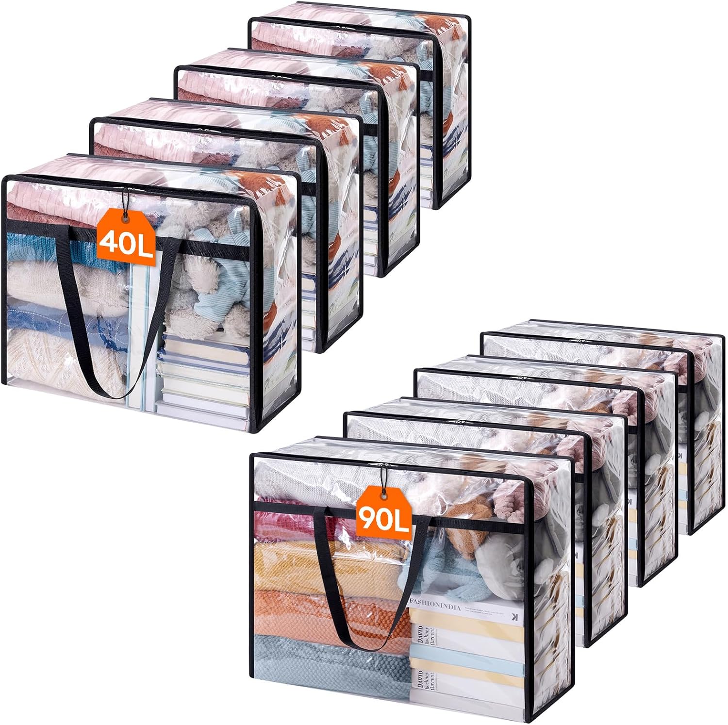 Lifewit Clear Clothes Storage Bags 4 Pack 40L and 4 Pack 90L, Plastic Blanket Storage Bags, Vinyl Foldable Moving Bags with Zipper，Closet Organizers and Storage Containers