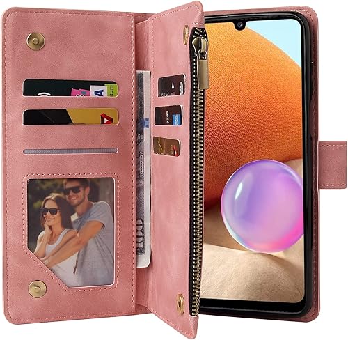Miniatura 3 de LBYZCASE Funda de piel tipo cartera para Samsung Galaxy A32 5G, con ranuras para tarjetas, bolsillo con cremallera, correa para la muñeca, soporte y