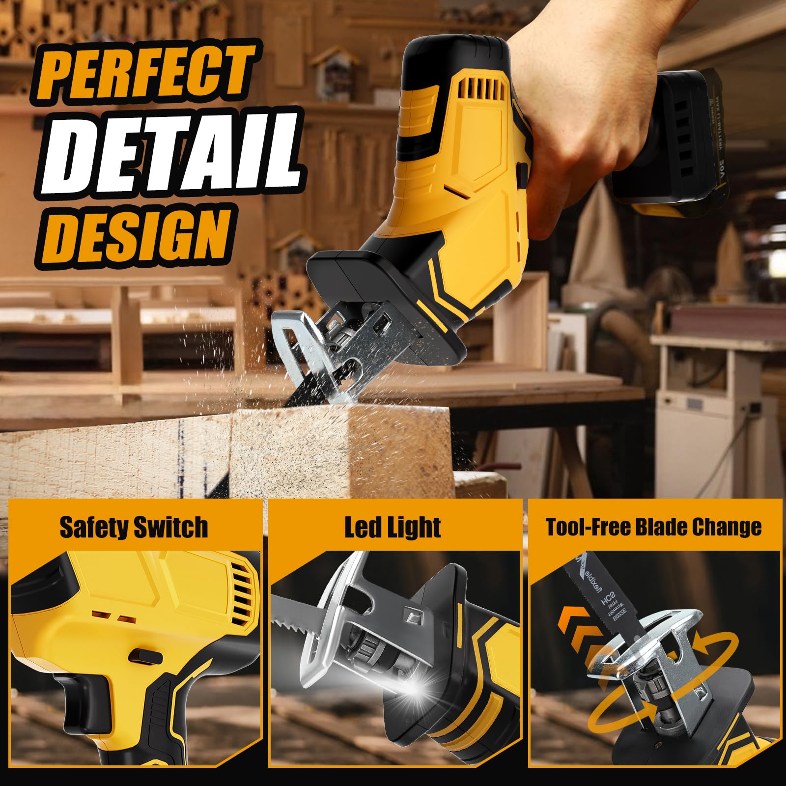 WingFly Sega a batteria per Dewalt da 18 V, 20 V, sega a sciabola professionale con 4 lame per sega, 2700 RPM con interruttore a velocità continuo, in metallo, legno (senza batteria)
