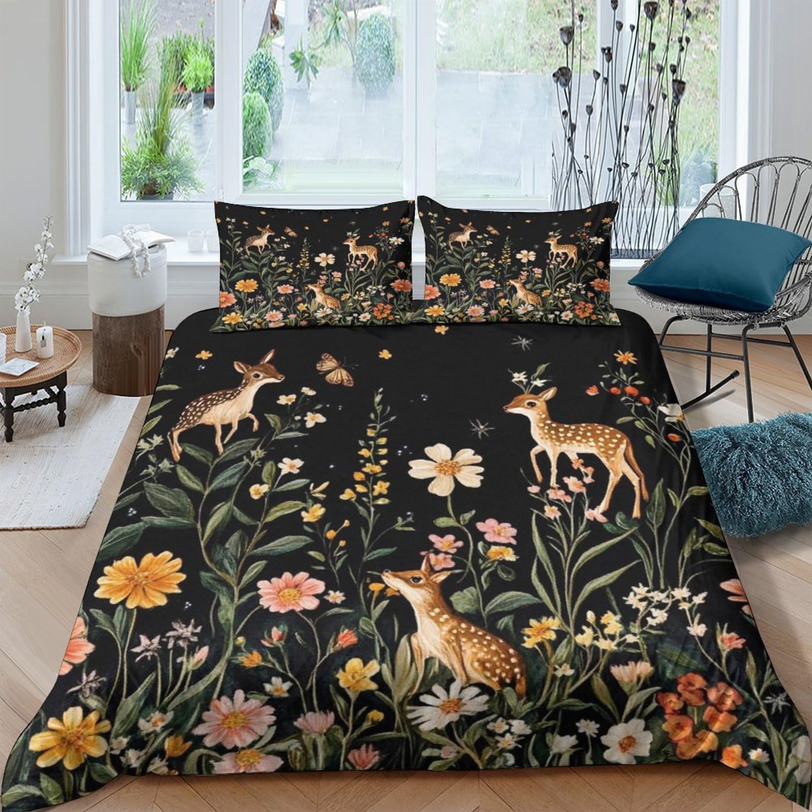 GPLZQXKJNH 3D Printed Forest Deer Duvet Cover Set Microfiber Soft Breathable Floral Meadow Bedding with 2 Pillowcases for Bedroom Decor Single（135x200cm）