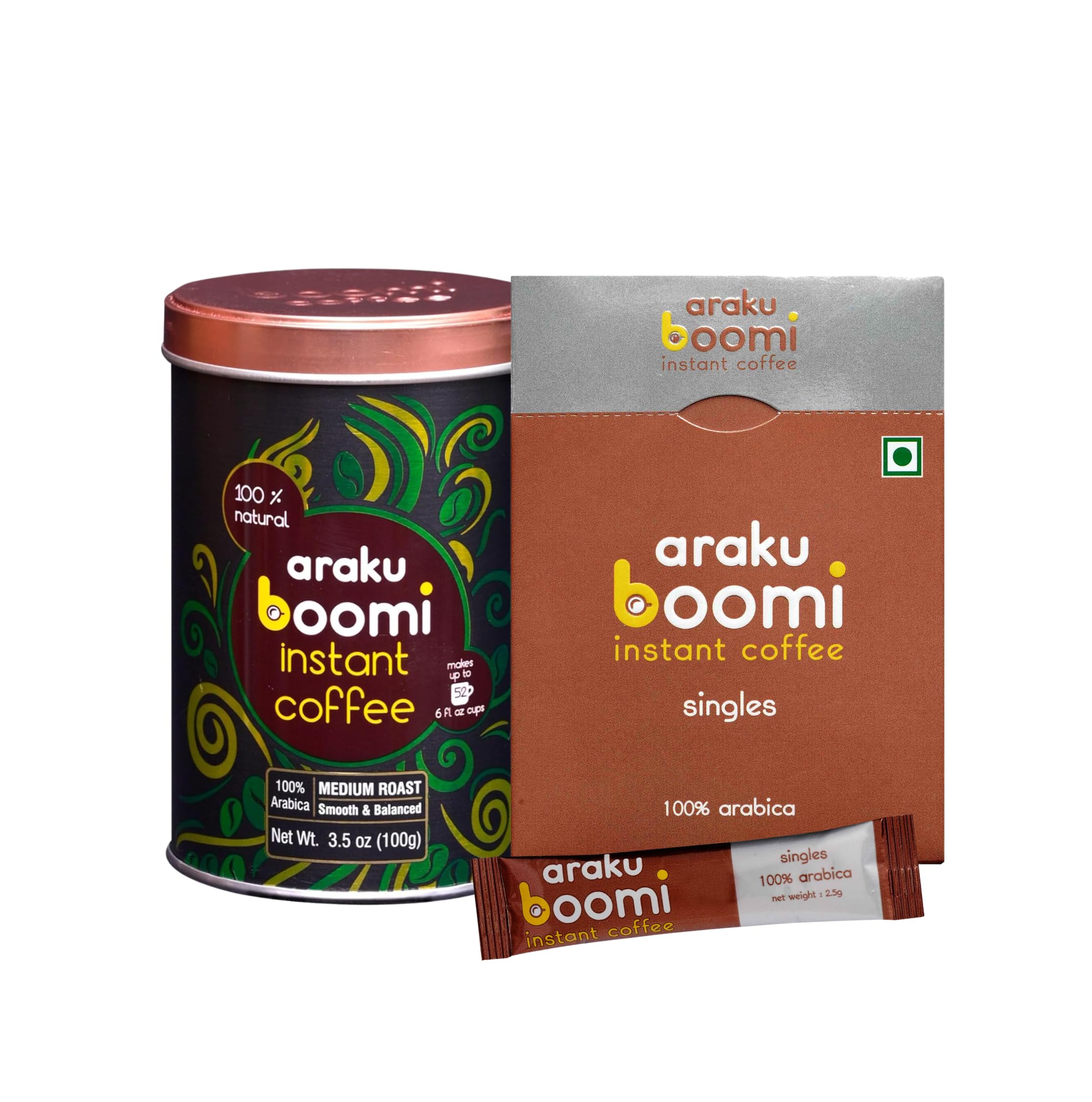 Araku Boomi Premium Instant Single Origin Coffee Powder Bundle | 7 Ounce Tin Instant Arabica + 12 Ct Box Instant Arabica