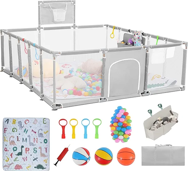 Baby playpen, 79"x71"Baby Playpen with Mat Indoor&Outdoor Playpen for Babies and Toddlers with Breathable Play Pen with Ocean Balls Hanging Pocket Basketball Hoop (Light Gray)