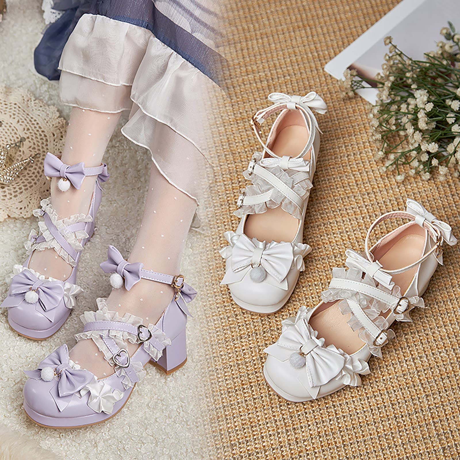 Mary Jane - Scarpe con tacco alto, per bambini, con cinturino alla caviglia, con fiori, punta rotonda, da sposa, comode, eleganti