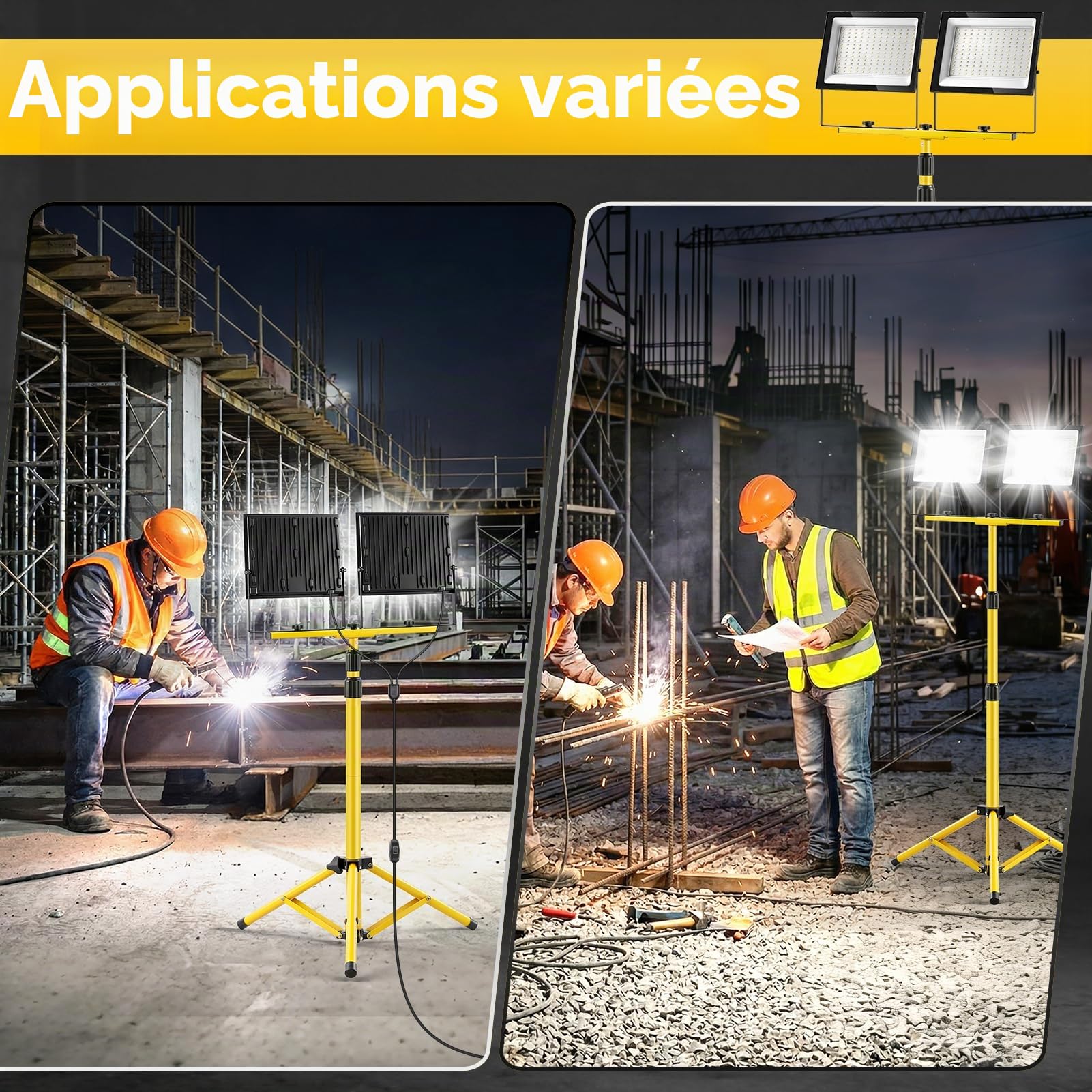 Papasbox Lampe de chantier LED 300 W avec trépied, télécommande, interrupteur et prise | Lampe de chantier 6500 K blanc froid, étanche IP66, intensité variable, pour atelier et chantier