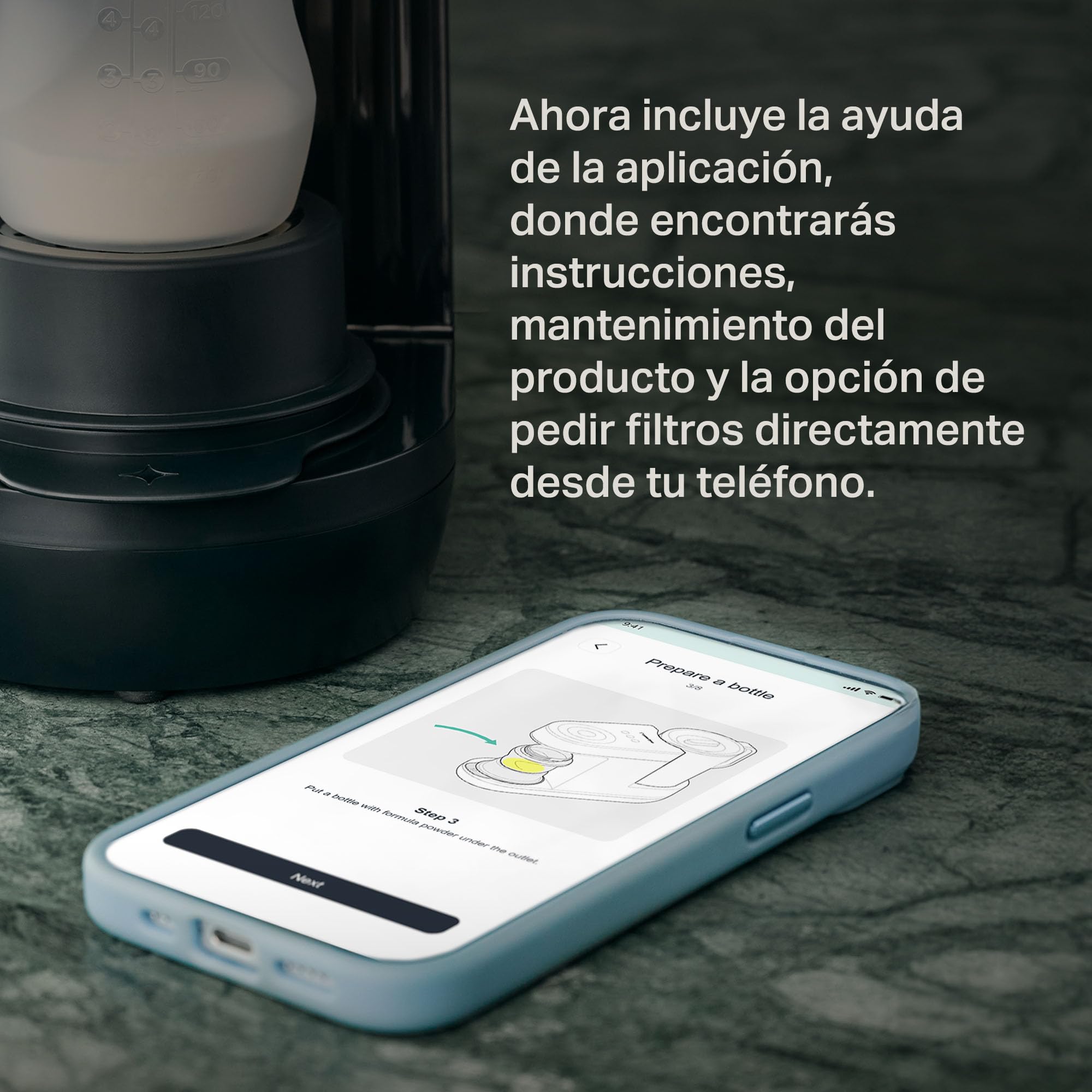 Tommee Tippee Perfect Prep, Preparador de Biberones, para un Biberón a Temperatura Corporal en 90 Segundos*, de Día y de Noche, con Filtro Antibacteriano y Asistencia de una Aplicación