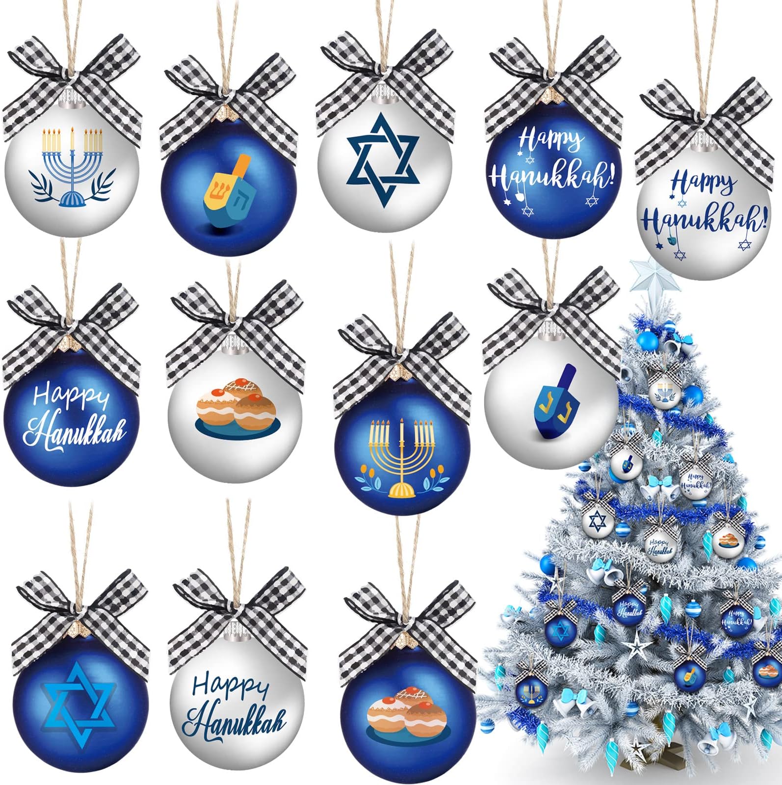 Amyhill 36 Pcs Hanukkah Ornament Chanukah Wooden Ornaments Set Dreidel Jewish Menorah Six Pointed David Star Happy Hanukkah Gift Bag for Christmas Tree Jewish Decoration