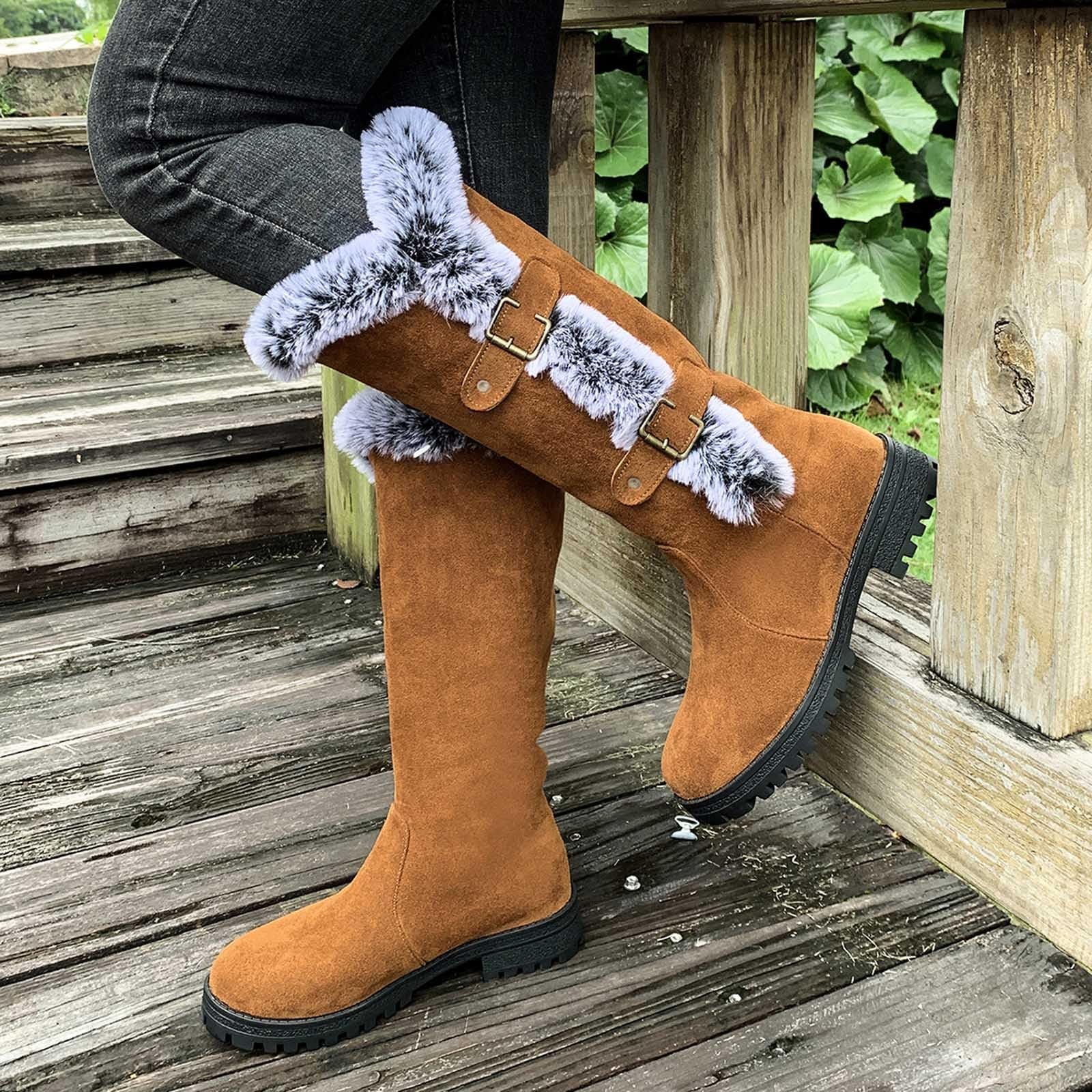Bottes de Neige Femme Fourrées Mollets Larges Bottes Femme Hiver Chaudes en Daim Botte de Neige Mi-Mollet Snow Boots Fourrées Antidérapantes Chaussure Hiver Confort Chaussures de Randonnée de Ski