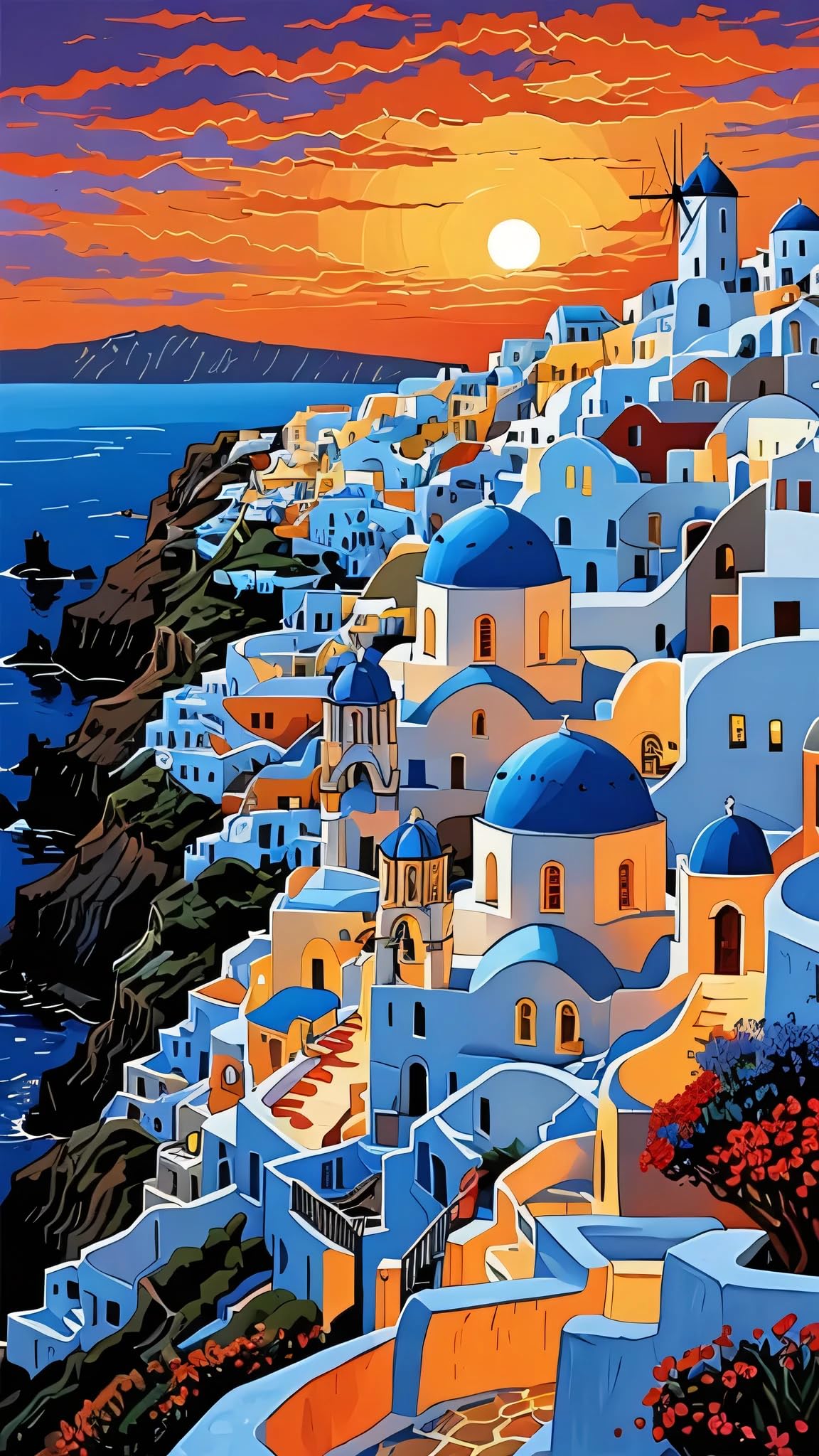 ARTGOTO Paint by Numbers for Adults, Santorini Greece Sunset DIY Acrylic Painting Kit, Large 15.7x27.5inch/40x70cm Canvas, Blue Dome Coastal Village Travel Wall Decor, No Frame