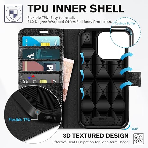 Miniatura 5 de TUCCH Funda tipo cartera para iPhone 15 Pro, función atril bloqueo RFID 4 tarjeteros TPU carcasa interior de piel sintética magnética protectora