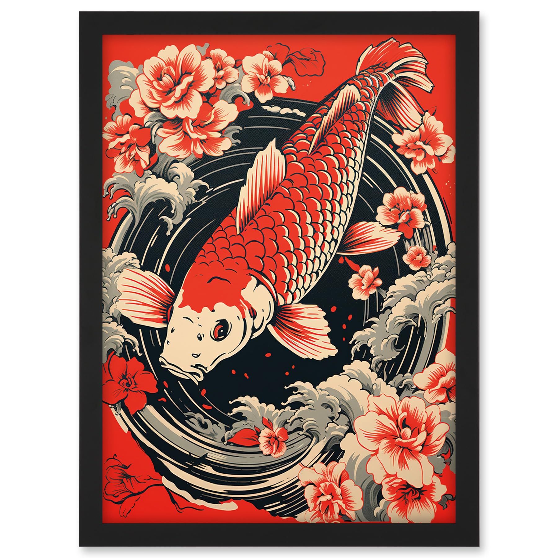 Artery8 Koi Fish Carp Japanese Whirlpool Red Black Floral Illustration Artwork Coy Artwork Framed A3 Wall Art Print