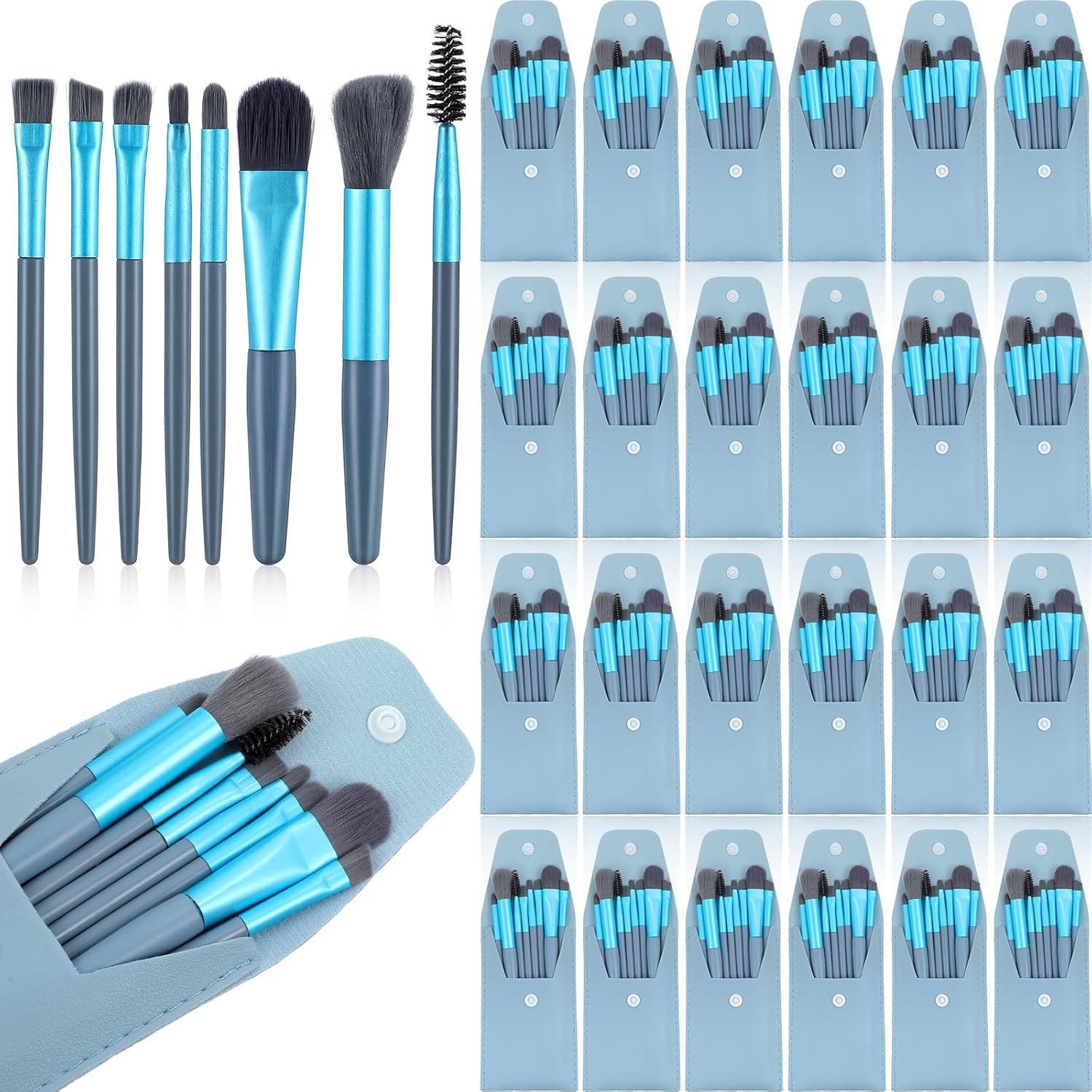 24 Packs Mini Makeup Brushes Travel Set - Each Set Contains 8-Piece Portable Travel Size Makeup Brushes with Blue Leather Pouches for Wedding Party Favors Bridesmaid Gifts Bachelorette