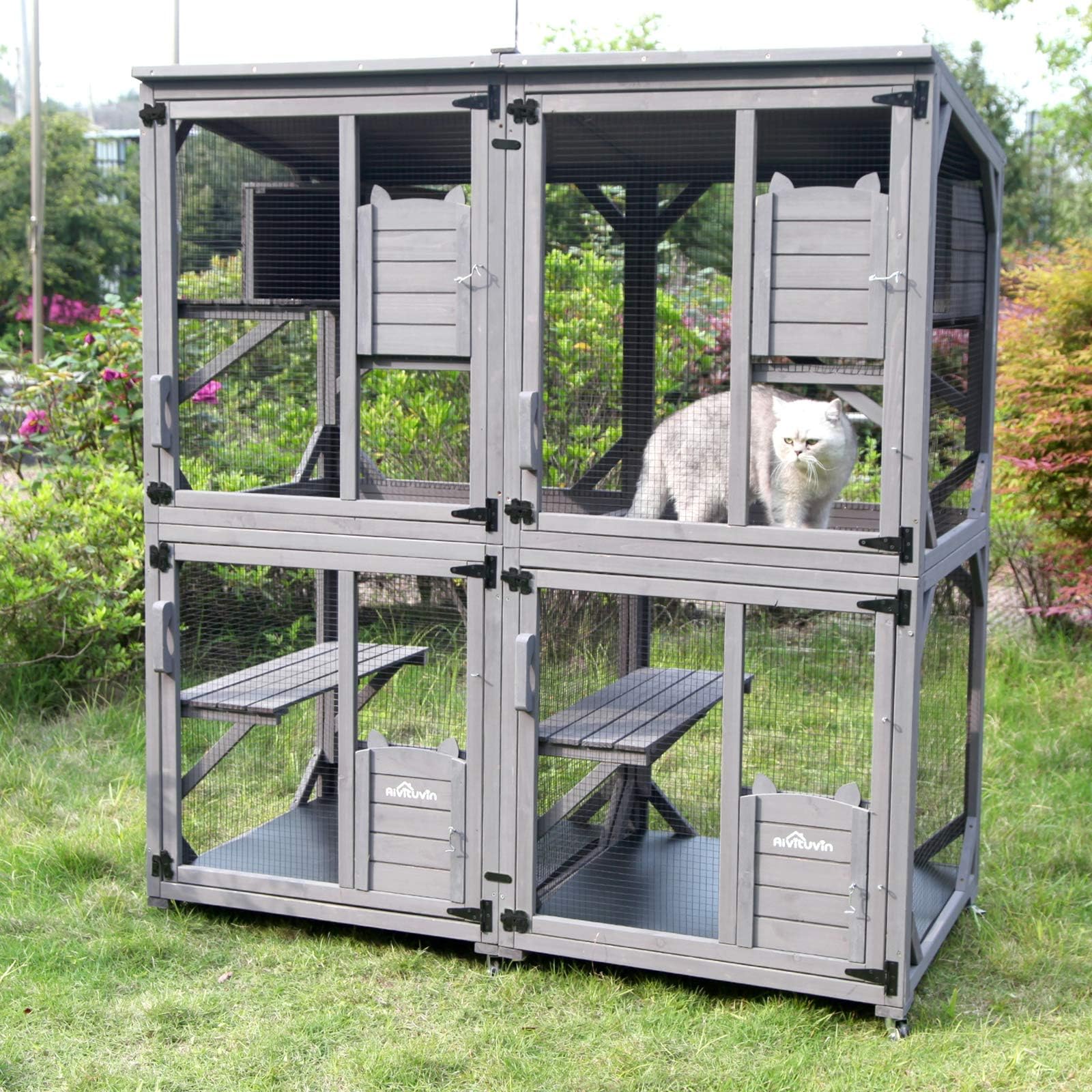 Cat Catio Kitty House Outdoor and Indoor Run Large Wooden Cat Enclosure on Wheels 70.9" Upgraded Version Kennel Cage with Reinforcement Wooden Strip,2 Sets Include