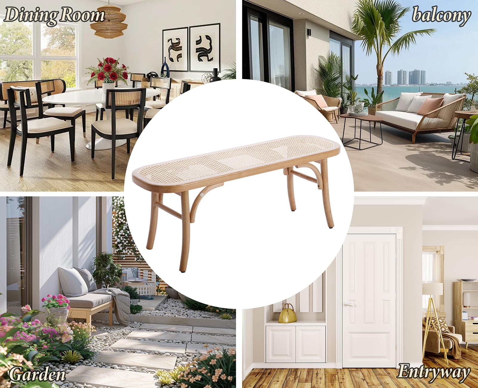Ya-Home Banc de Salle à Manger Rotin Banquette Ottoman Bois Rétro Banc d'Entrée, Jaune | Style moderne du milieu du siècle, cadre en bois massif, coins arrondis de sécurité, pour salle à manger/entrée/chambre/salon
