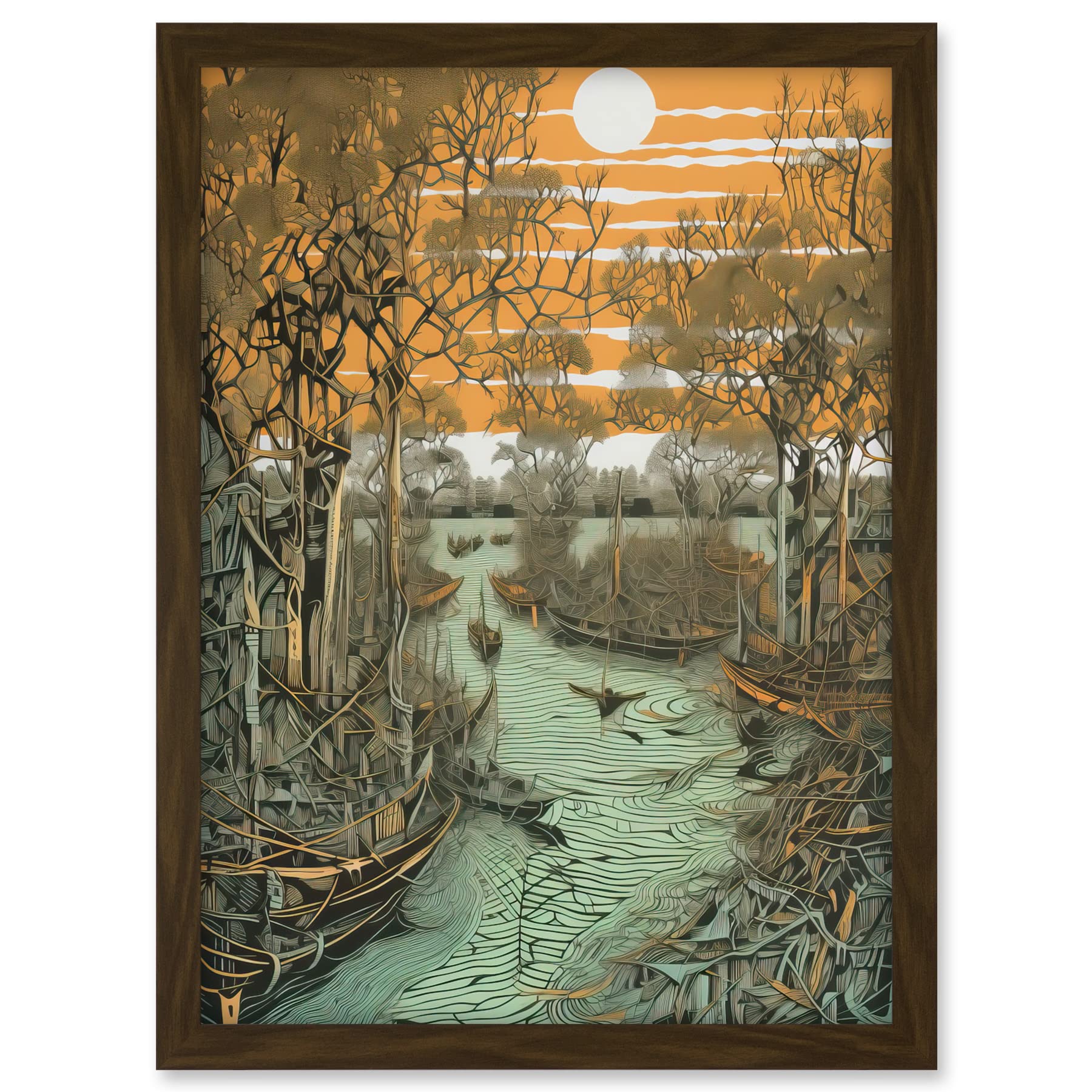 Artery8 Mangrove Forest Swamp Landscape Linocut Style Artwork Framed A3 Wall Art Print