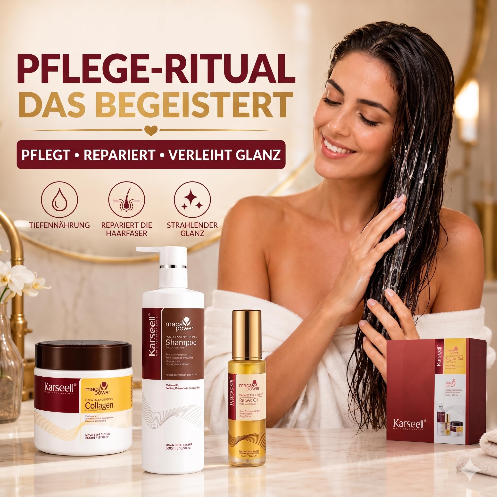 Karseell MACA CARE SYSTEM Set Kollagen Maske 500ml + Arganöl 50ml + Shampoo 500ml Haarreparatur Profi Feuchtigkeitspflege Anti-Frizz Glanz-Effekt Trockenes Strapaziertes Haar Maca-Essenz Komplett-Kur