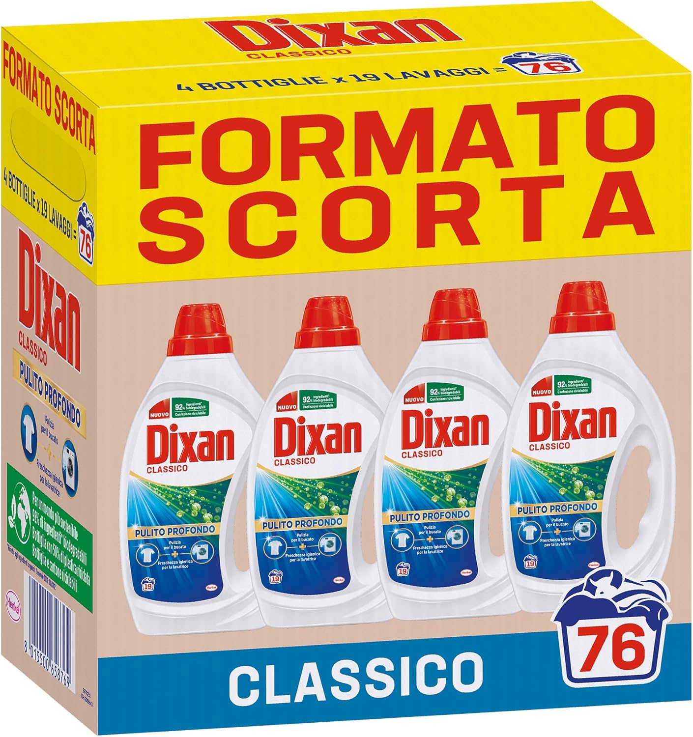Dixan Liquido Classico Detersivo Lavatrice Formato Scorta (4 x 19 Lavaggi), Detersivo liquido lavatrice per una pulizia del bucato e freschezza igienica per la lavatrice, Rimuove le macchie da 20°C - Immagine 1