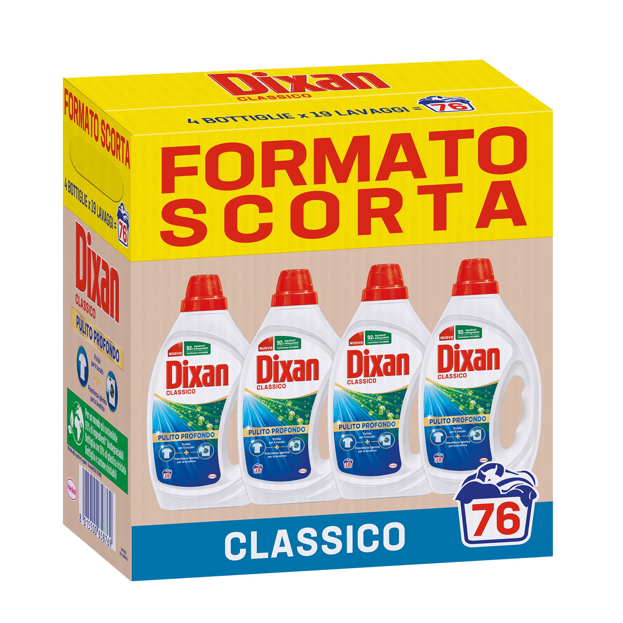 Dixan Liquido Classico Detersivo Lavatrice Formato Scorta (4 x 19 Lavaggi), Detersivo liquido lavatrice per una pulizia del bucato e freschezza igienica per la lavatrice, Rimuove le macchie da 20°C