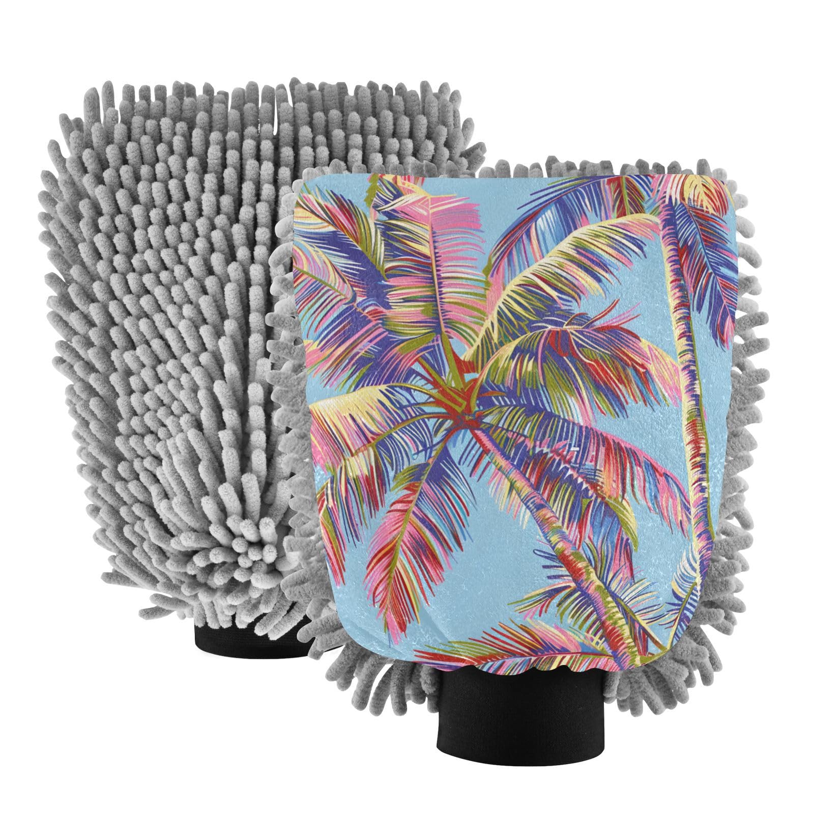 IOACIY Absorbent Microfiber Car Wash Drying Mitts, 2 Pack, Scratch-Free & Lint-Free, Rich Foam, Highly Absorbent, Double Sided, Wash Mitt Perfect for Car Washing, L, Palm Tree (5)